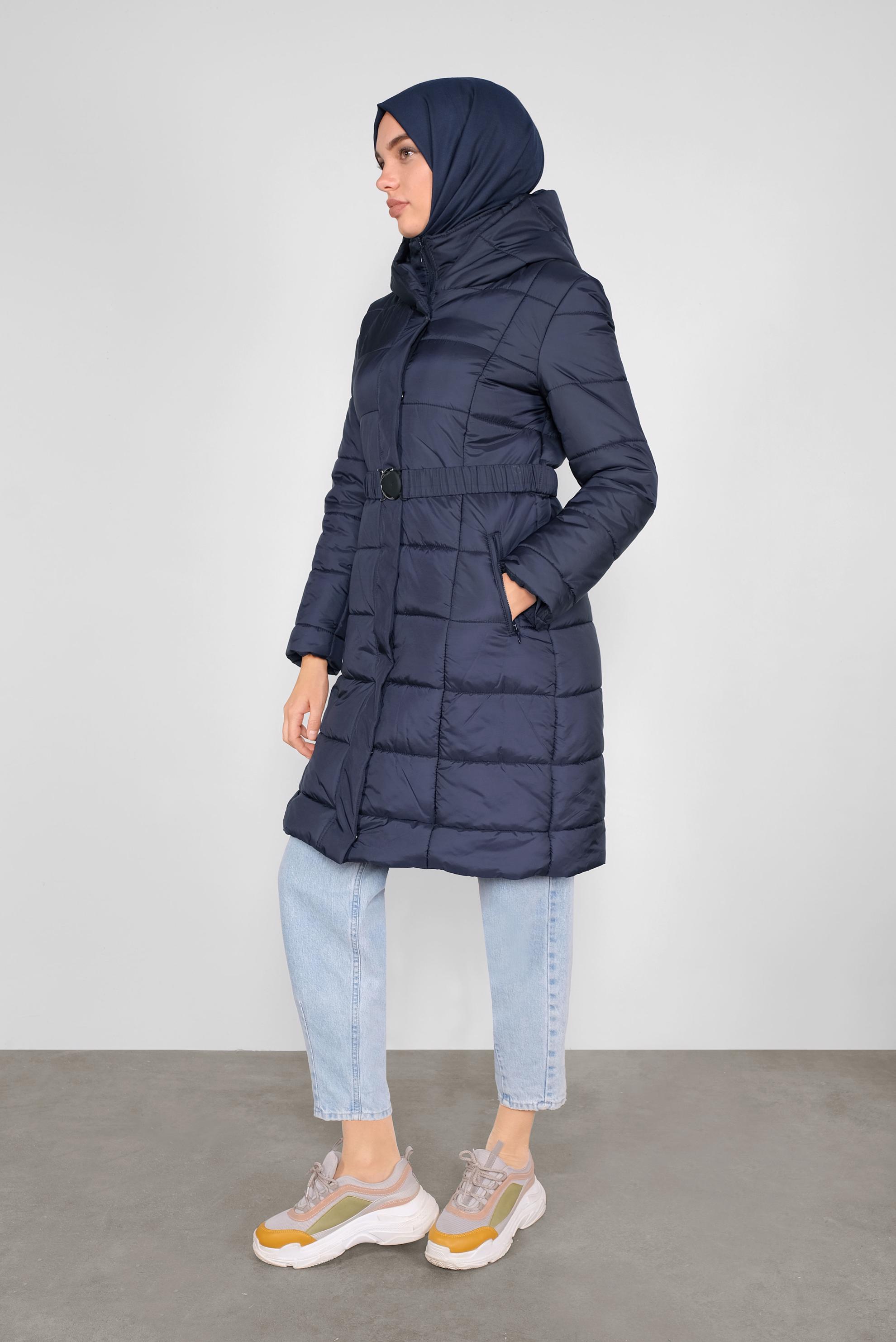 Hijab clothing NAVY BLUE BELTED HOODED PUFFER COAT 90109 