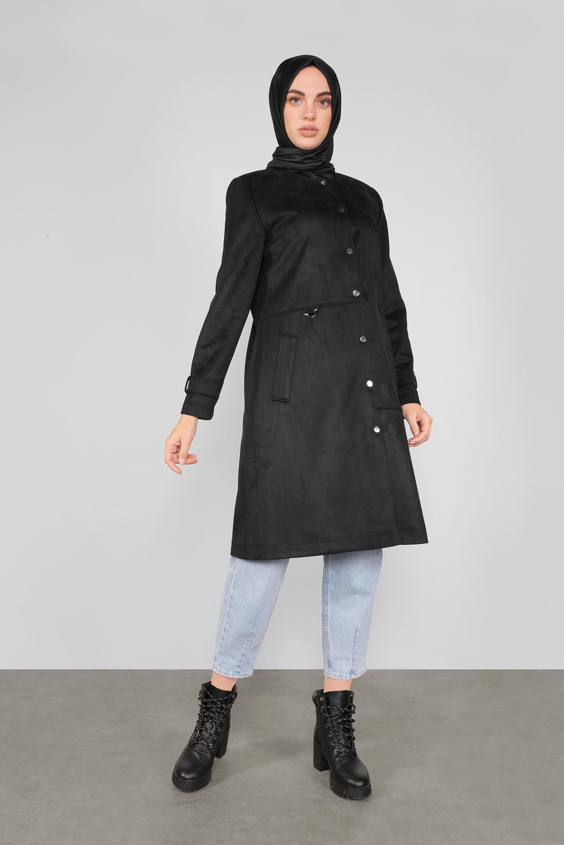 Tesettür giyim SİYAH BİSİKLET YAKA SÜET KABAN 90110 