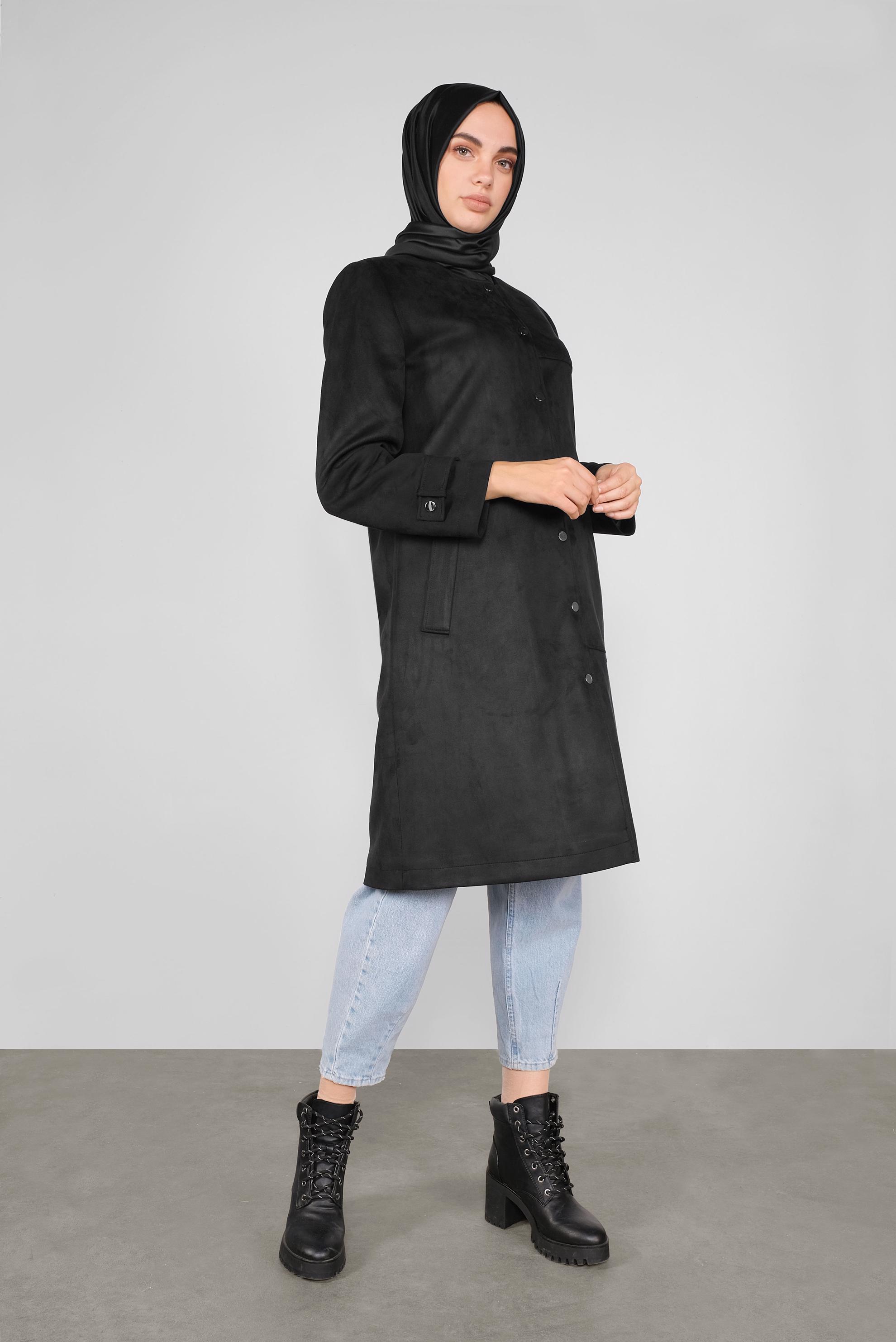 Tesettür giyim SİYAH BİSİKLET YAKA SÜET KABAN 90110 