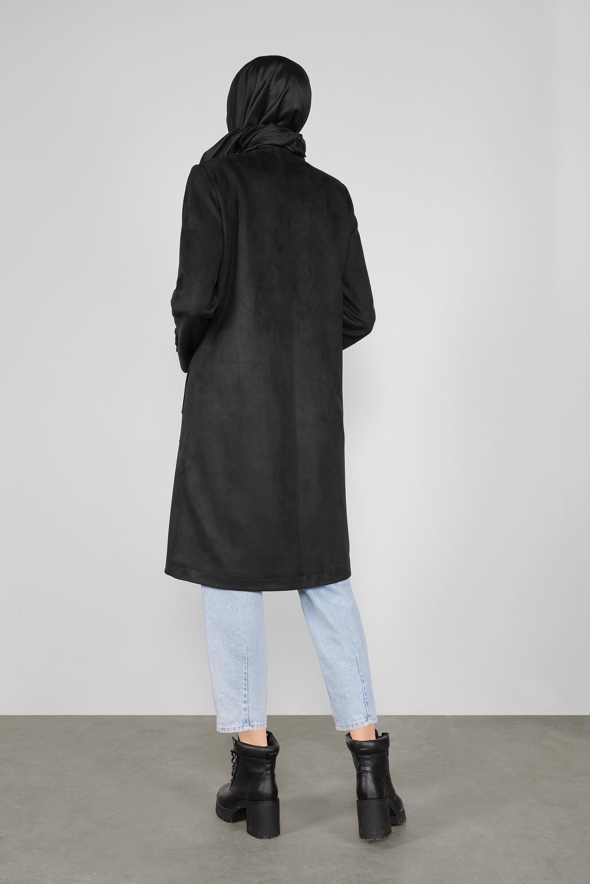 Tesettür giyim SİYAH BİSİKLET YAKA SÜET KABAN 90110 