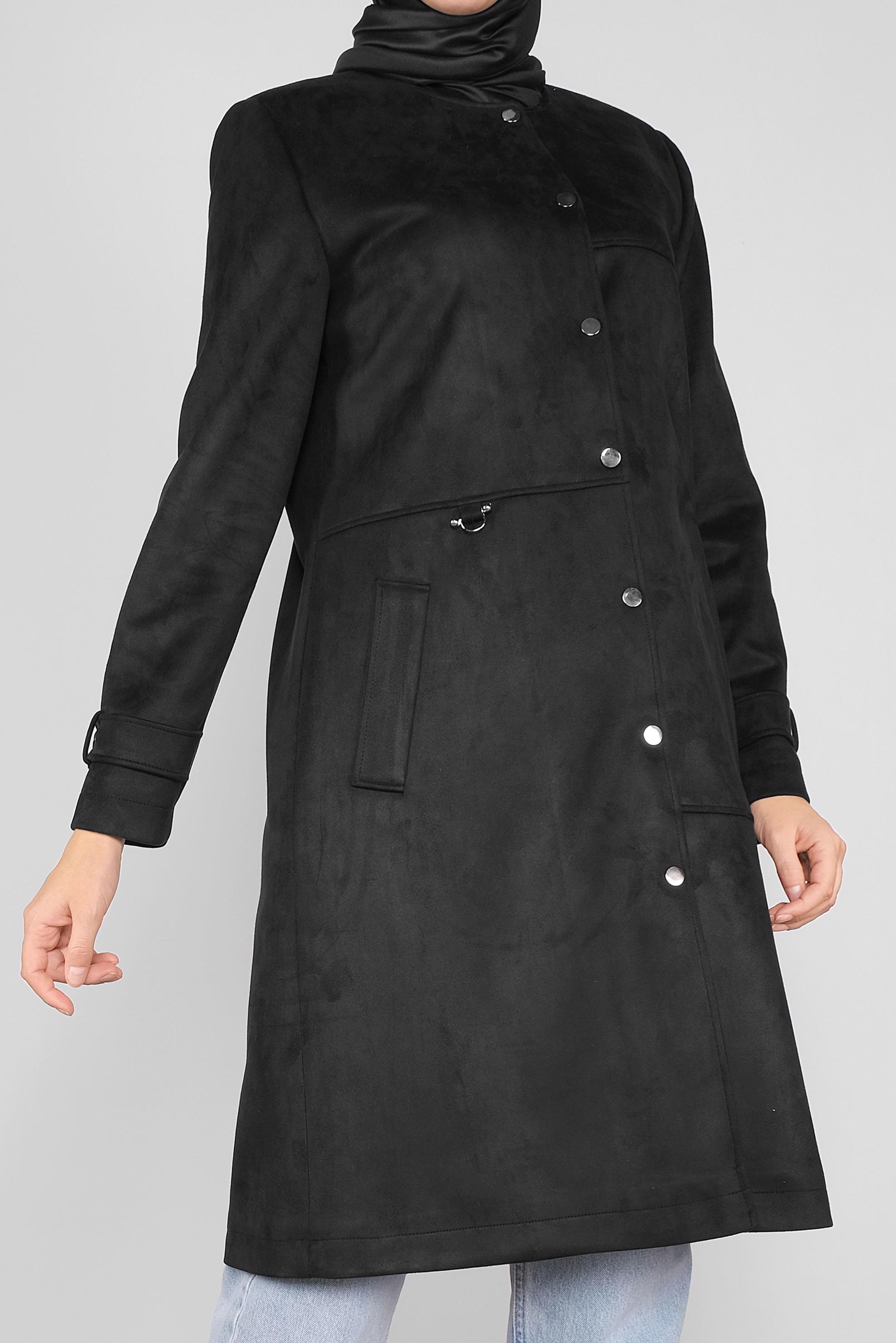 Tesettür giyim SİYAH BİSİKLET YAKA SÜET KABAN 90110 