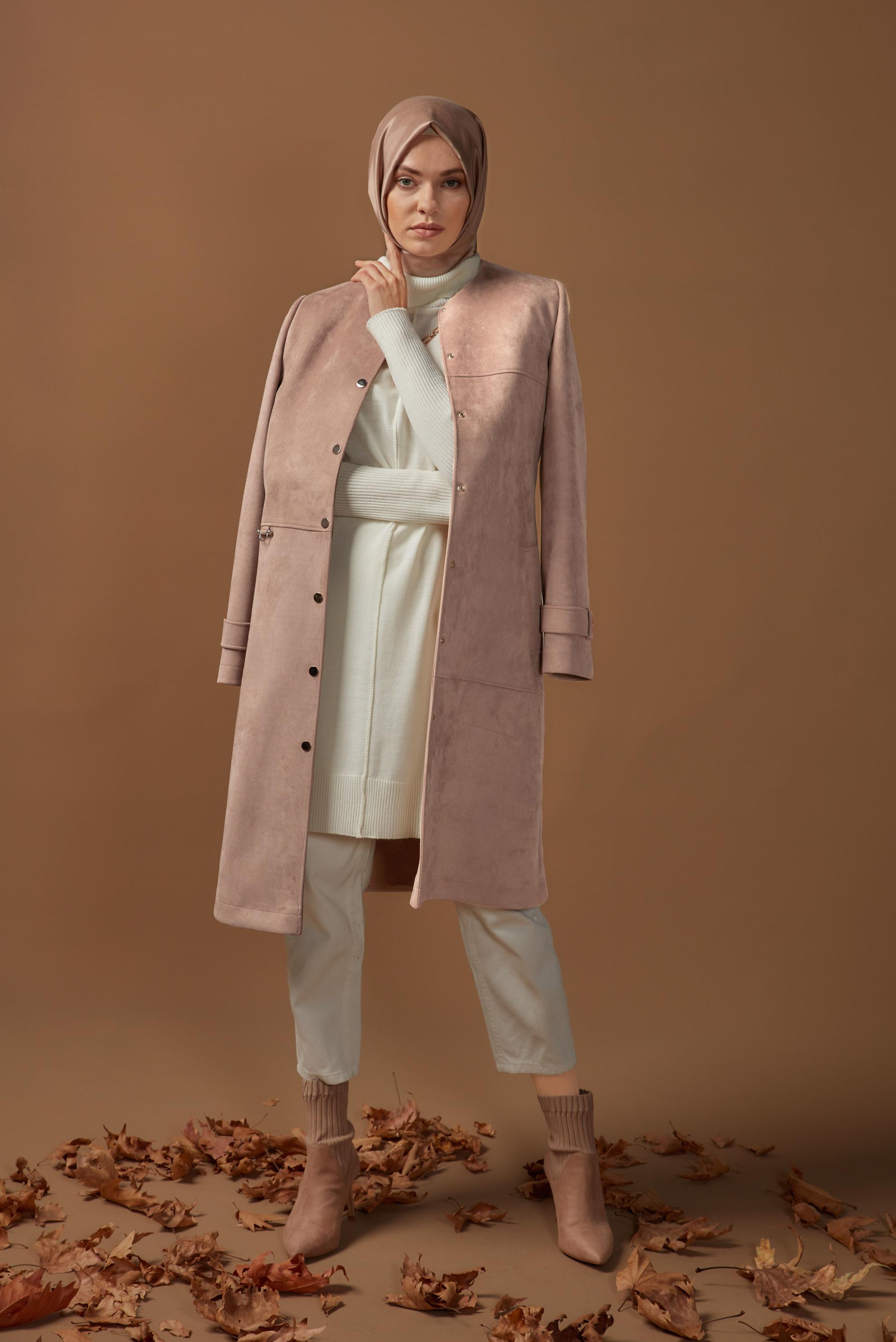 Tesettür giyim BEJ BİSİKLET YAKA SÜET KABAN 90110 