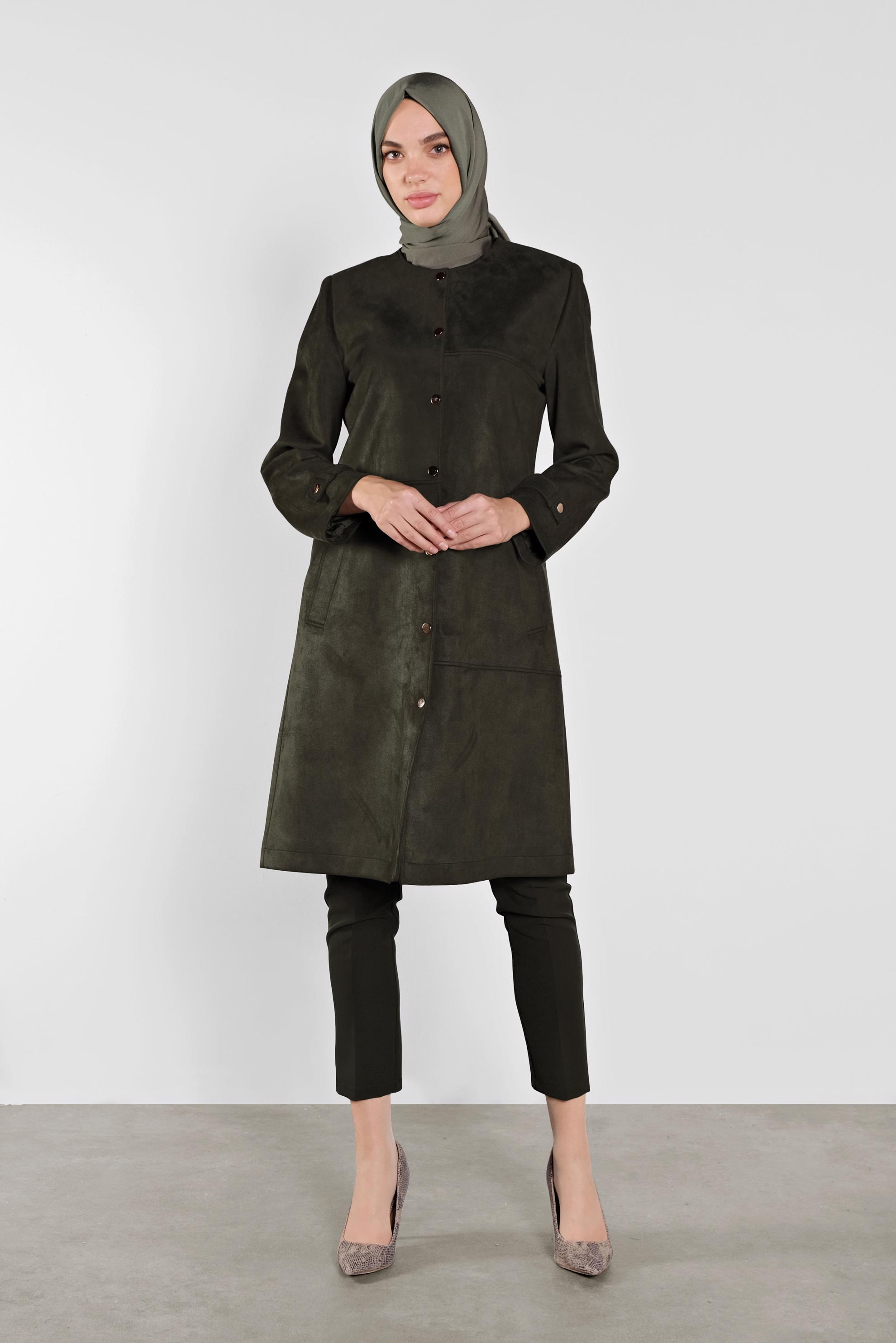 Tesettür giyim HAKİ BİSİKLET YAKA SÜET KABAN 90110 