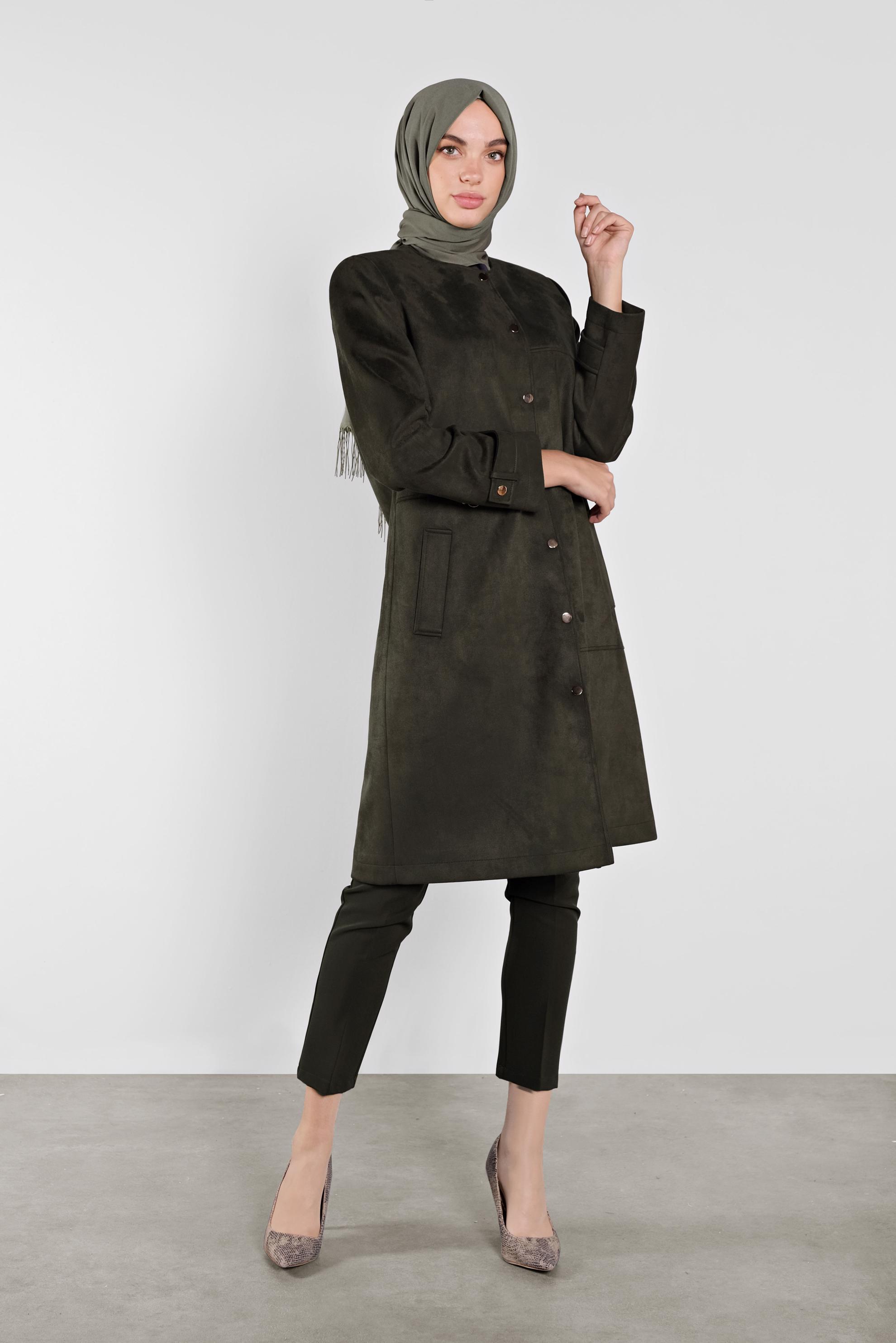 Tesettür giyim HAKİ BİSİKLET YAKA SÜET KABAN 90110 