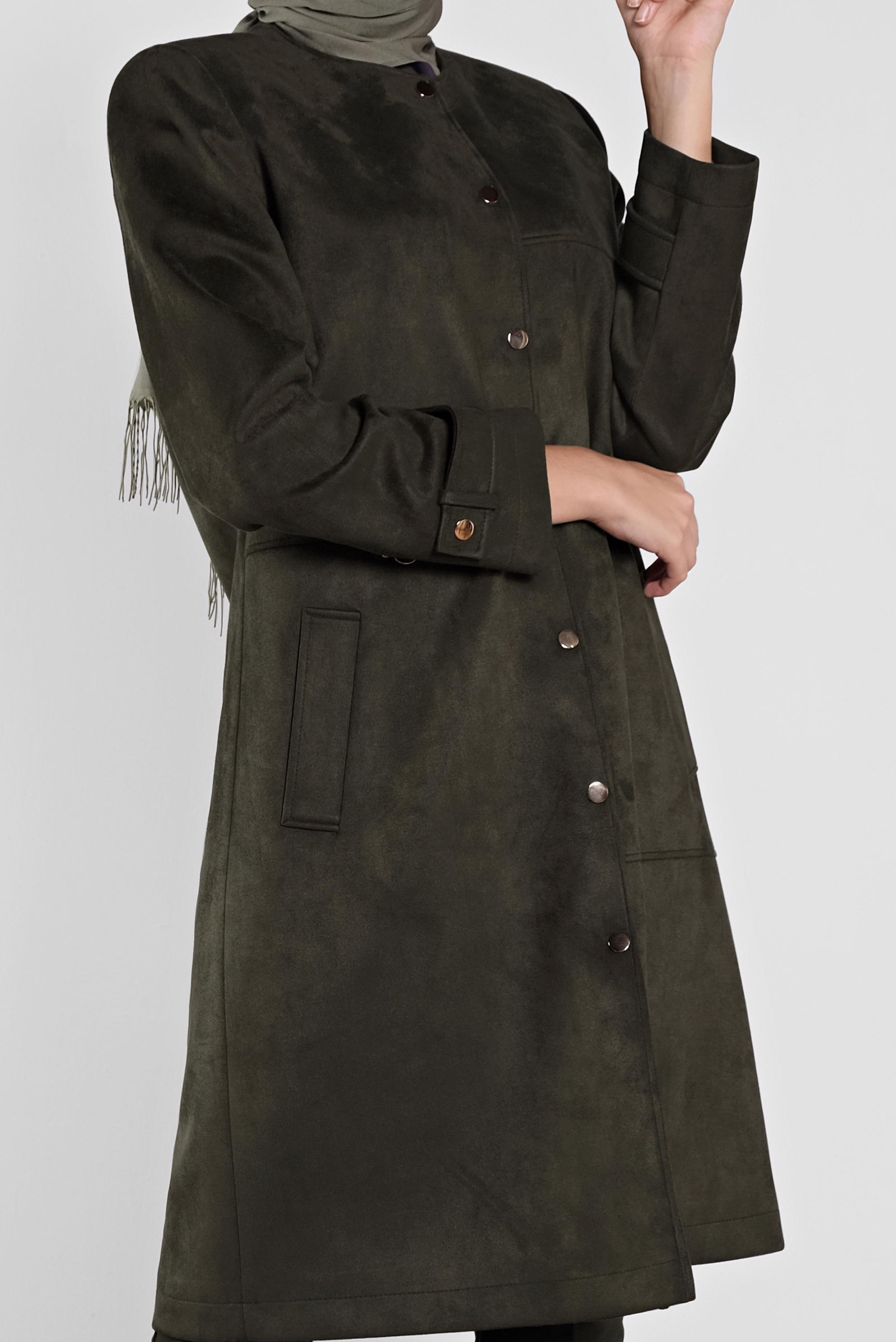 Tesettür giyim HAKİ BİSİKLET YAKA SÜET KABAN 90110 