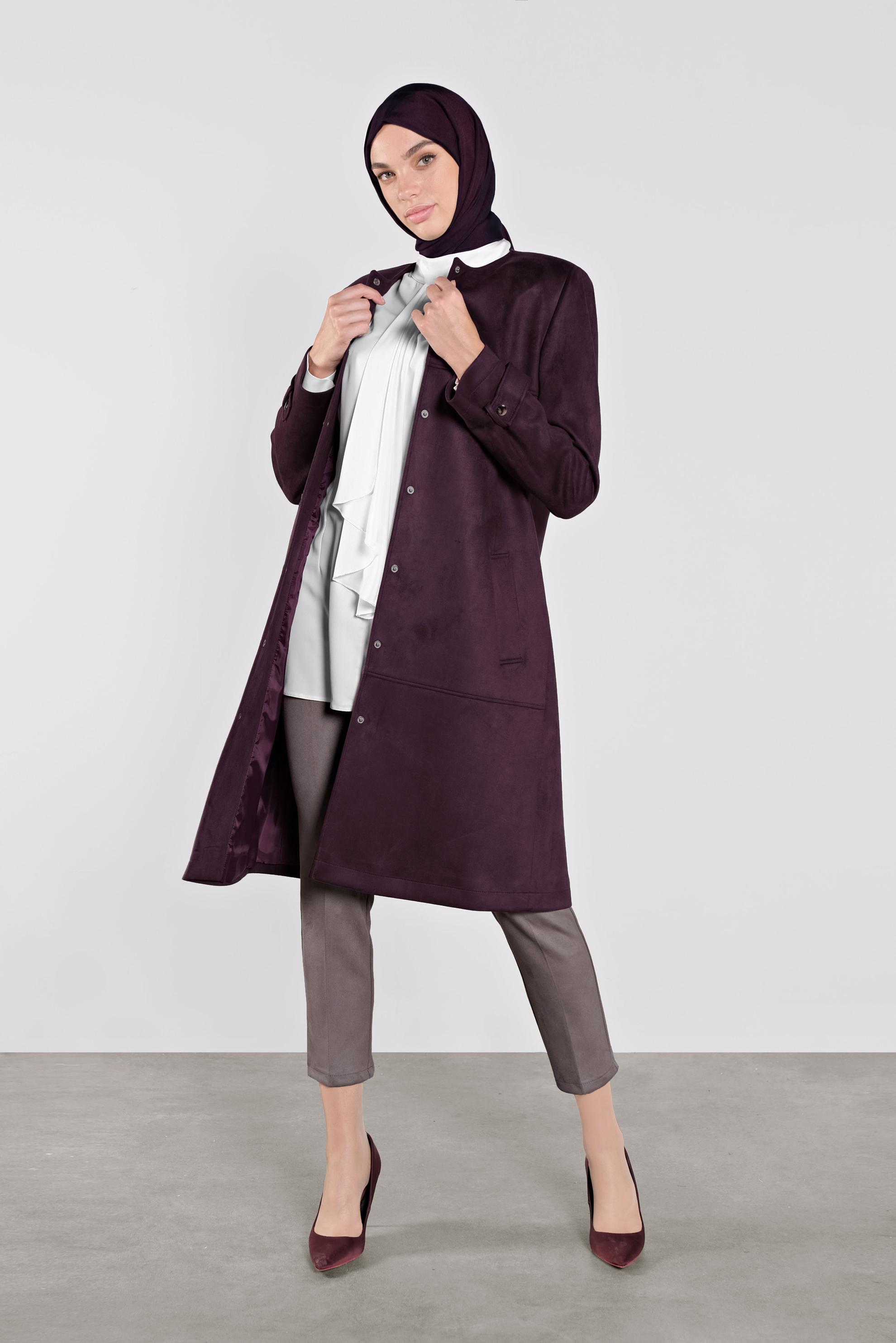 Tesettür giyim MÜRDÜM BİSİKLET YAKA SÜET KABAN 90110 