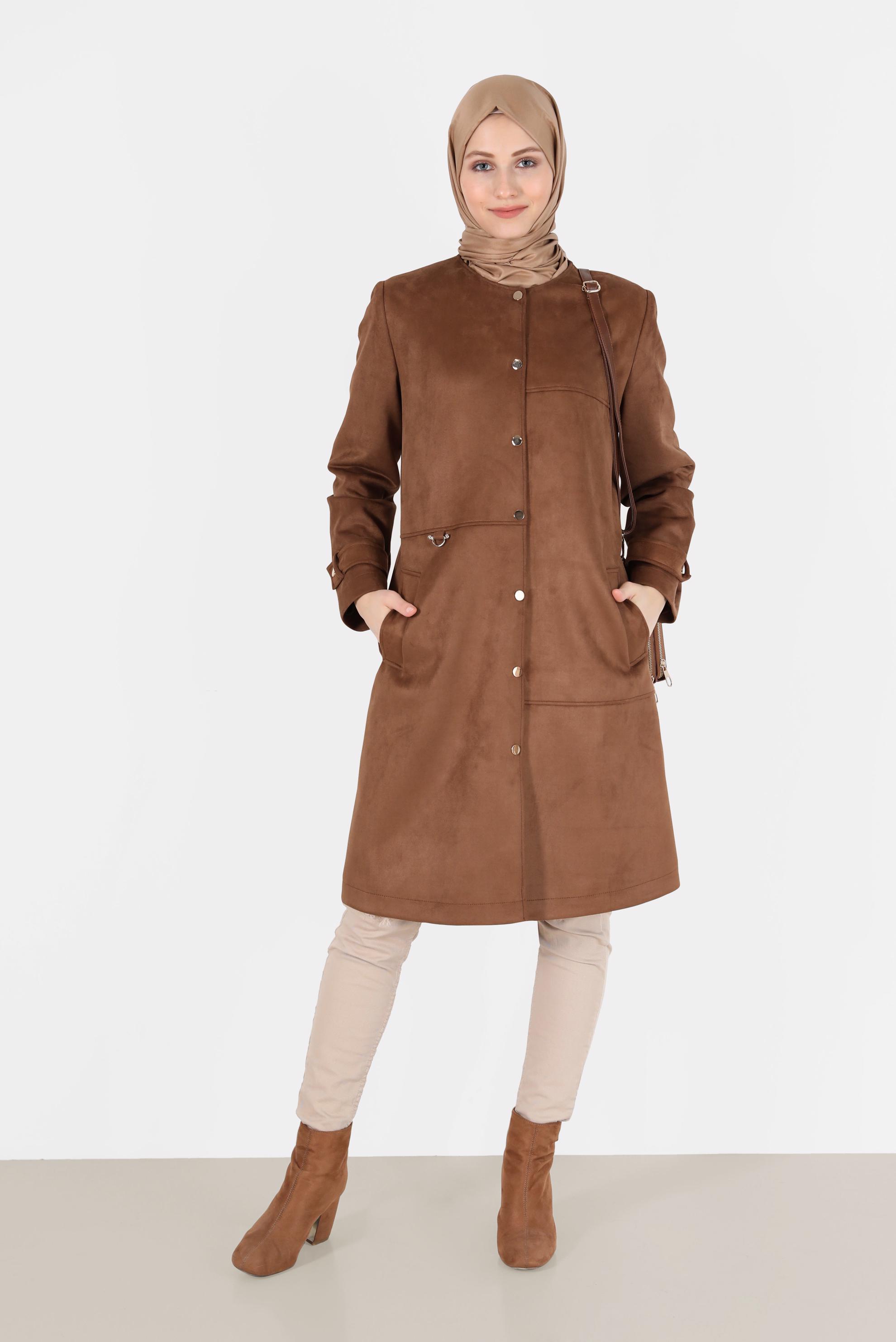 Tesettür giyim TABA BİSİKLET YAKA SÜET KABAN 90110 