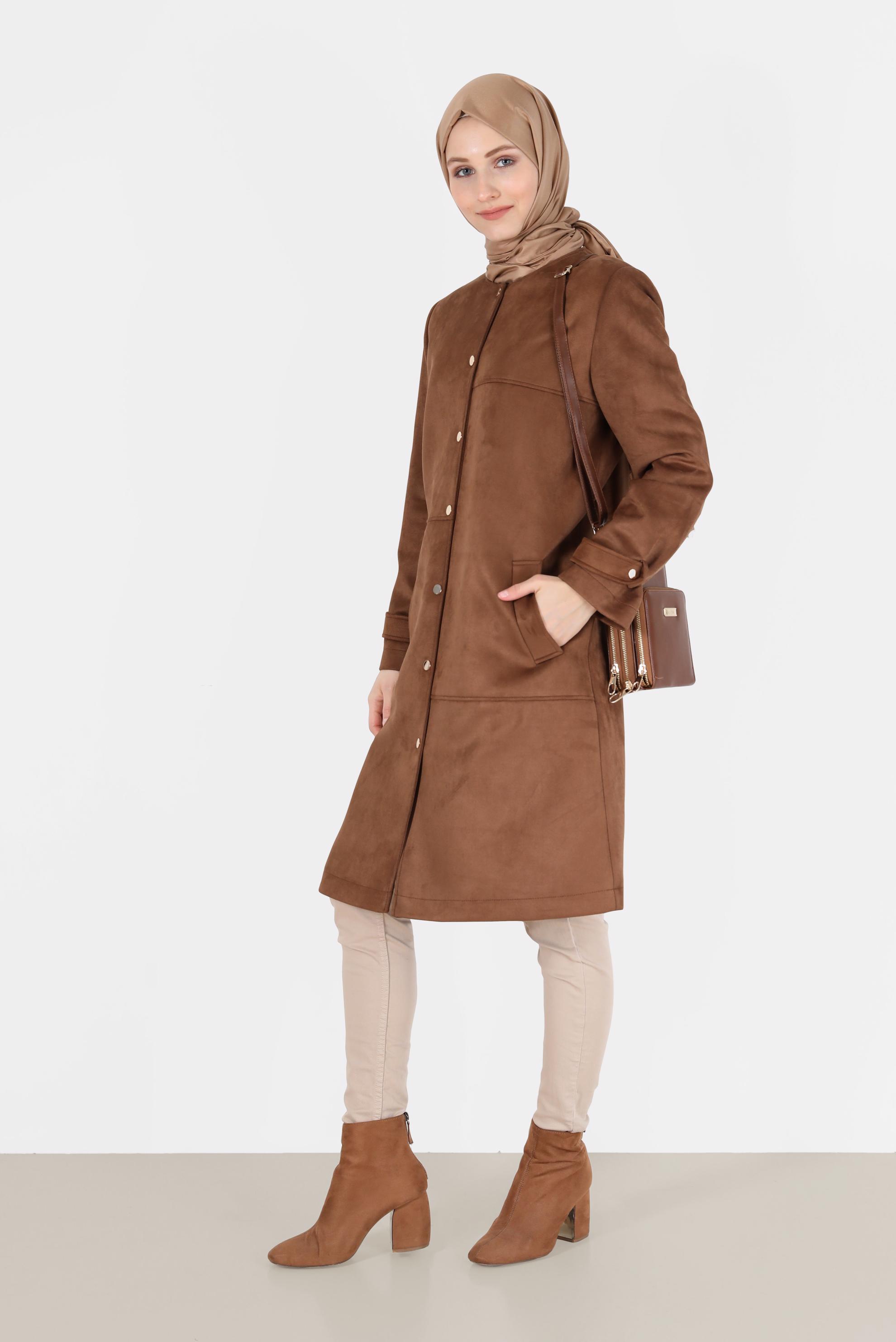 Tesettür giyim TABA BİSİKLET YAKA SÜET KABAN 90110 