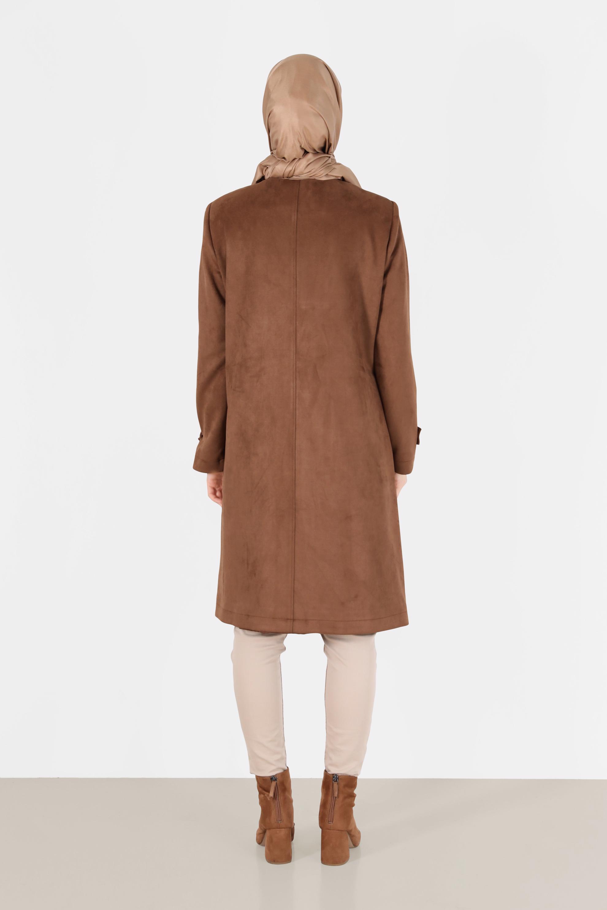 Tesettür giyim TABA BİSİKLET YAKA SÜET KABAN 90110 