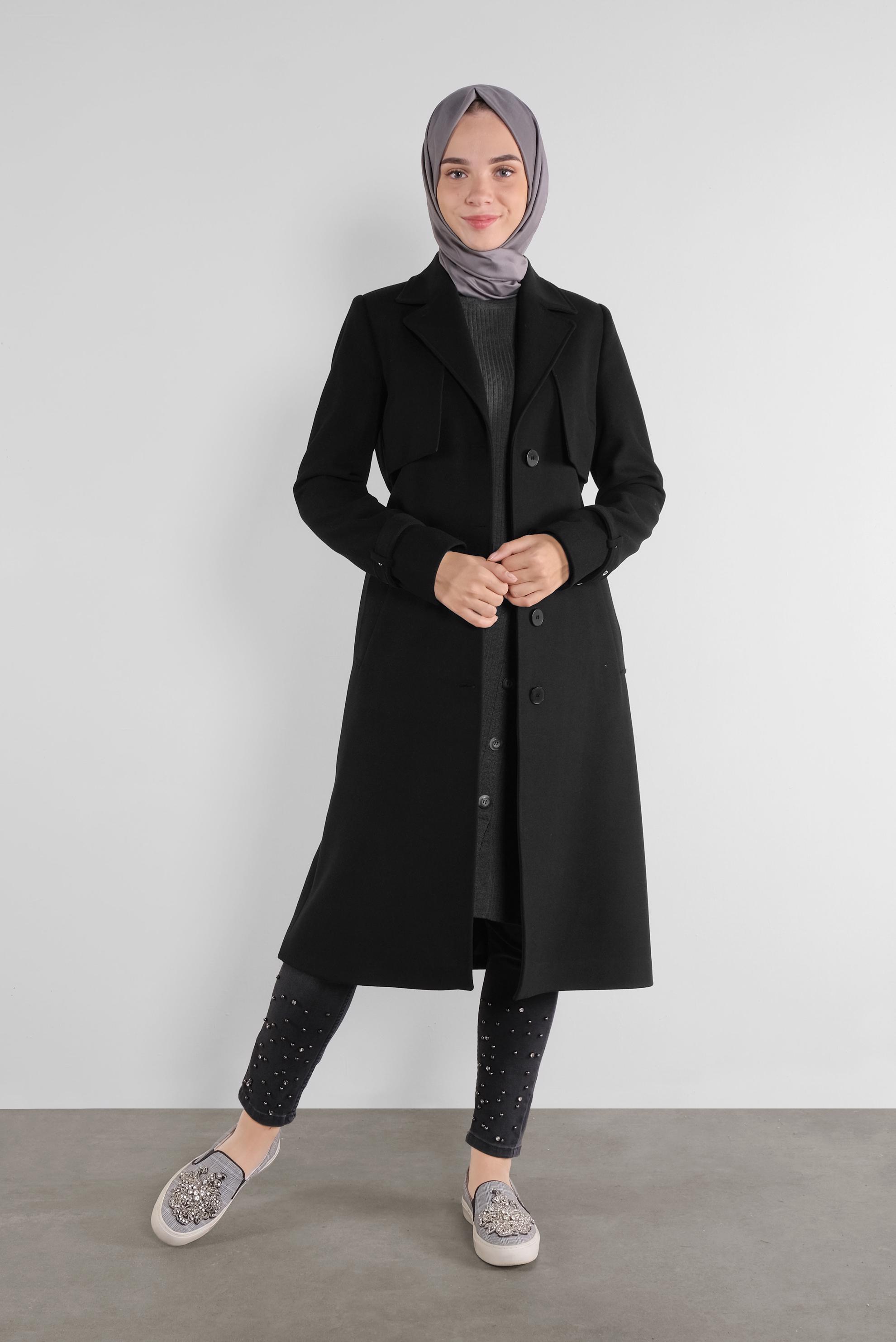 Tesettür giyim SİYAH KLASİK KAŞE KABAN 90112 