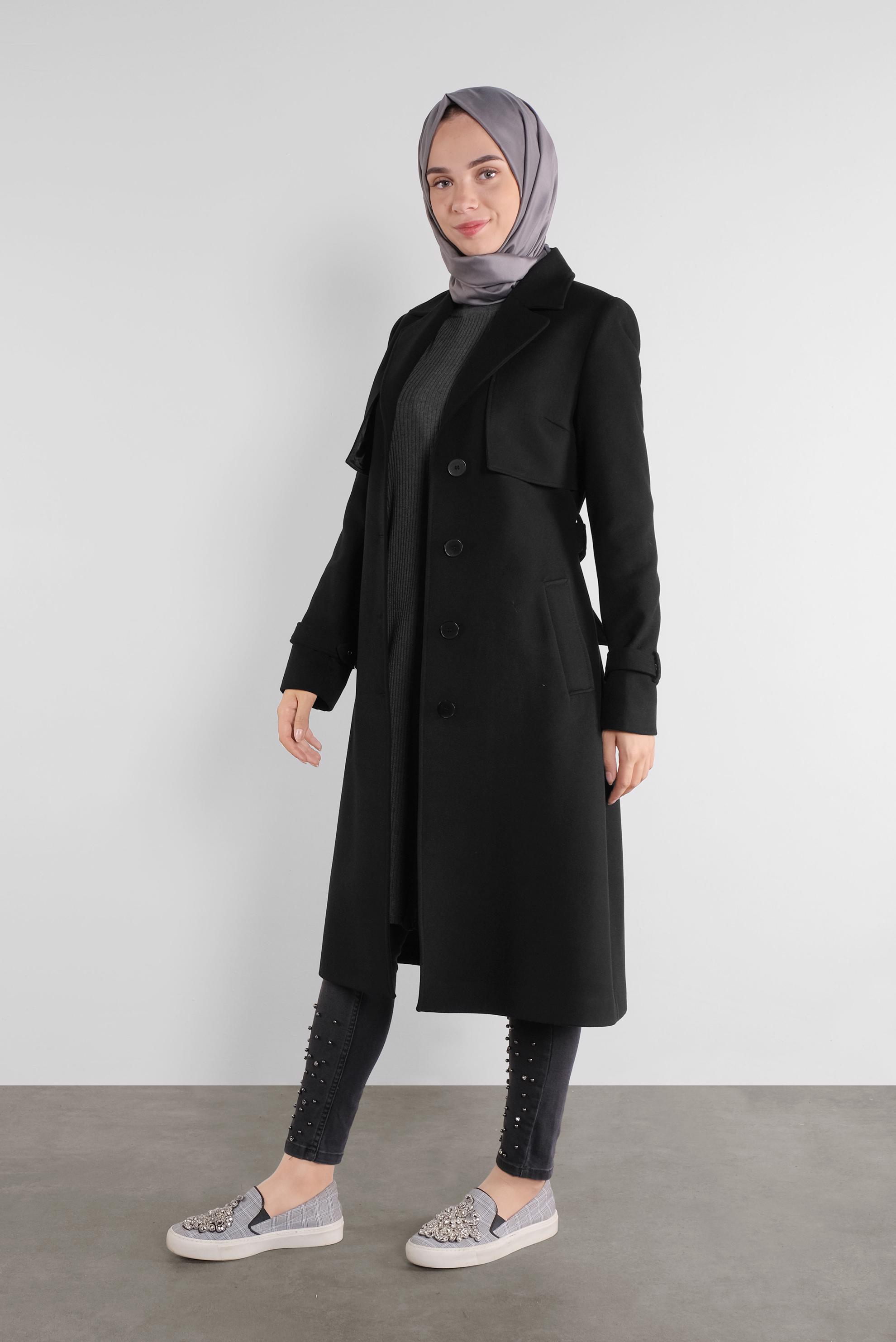 Tesettür giyim SİYAH KLASİK KAŞE KABAN 90112 