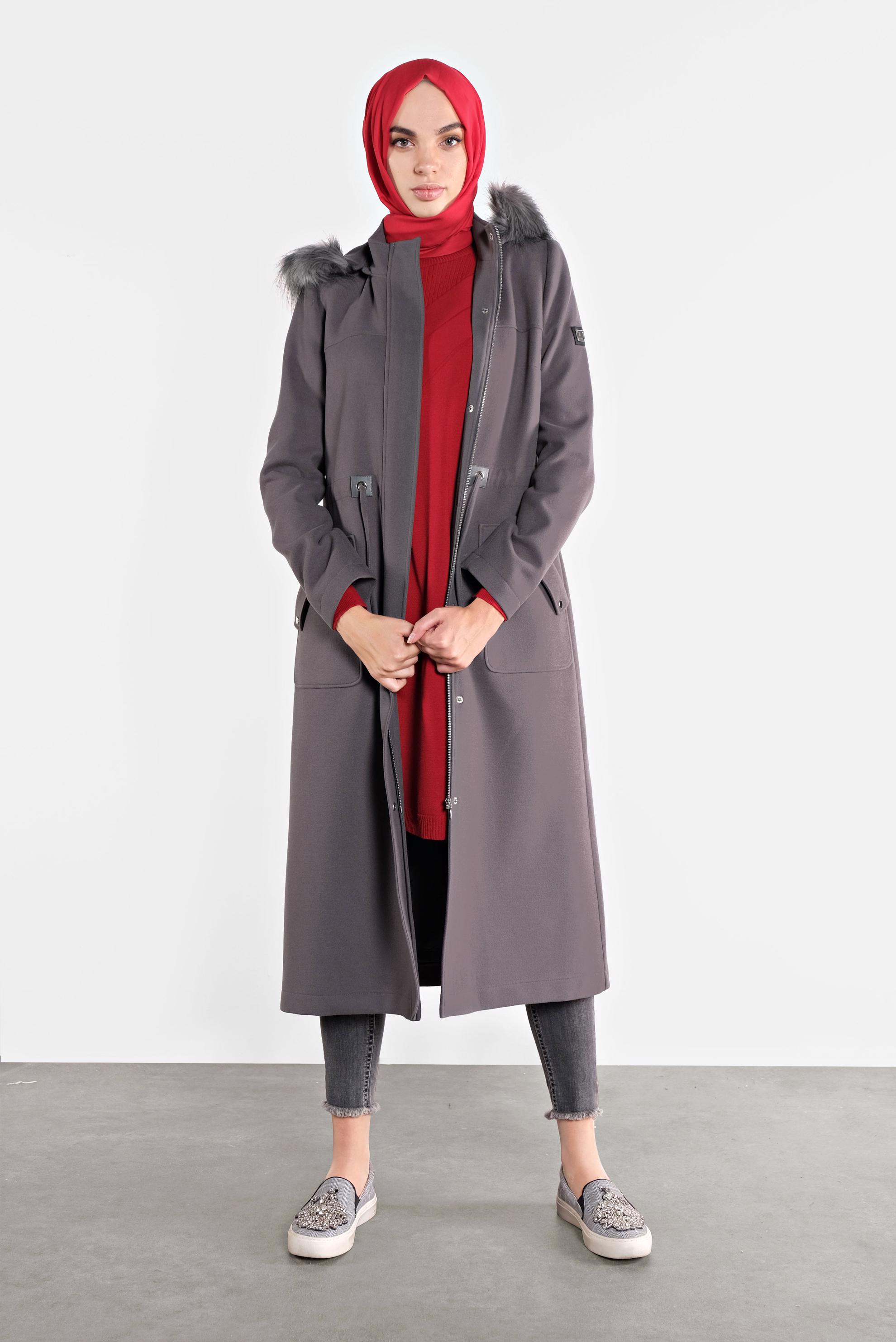 Tesettür giyim GRİ KAPÜŞONLU KABAN 90113 