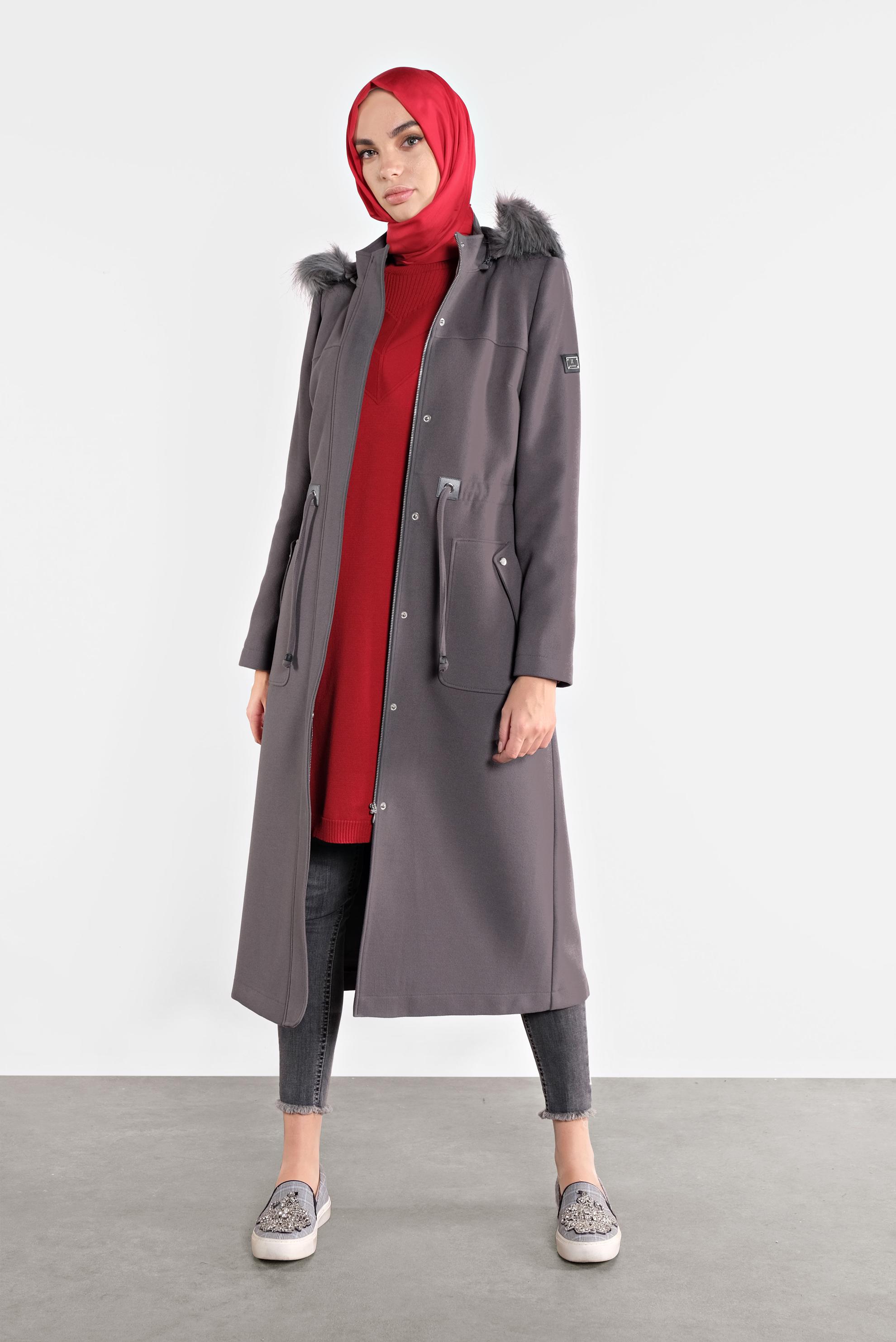 Tesettür giyim GRİ KAPÜŞONLU KABAN 90113 