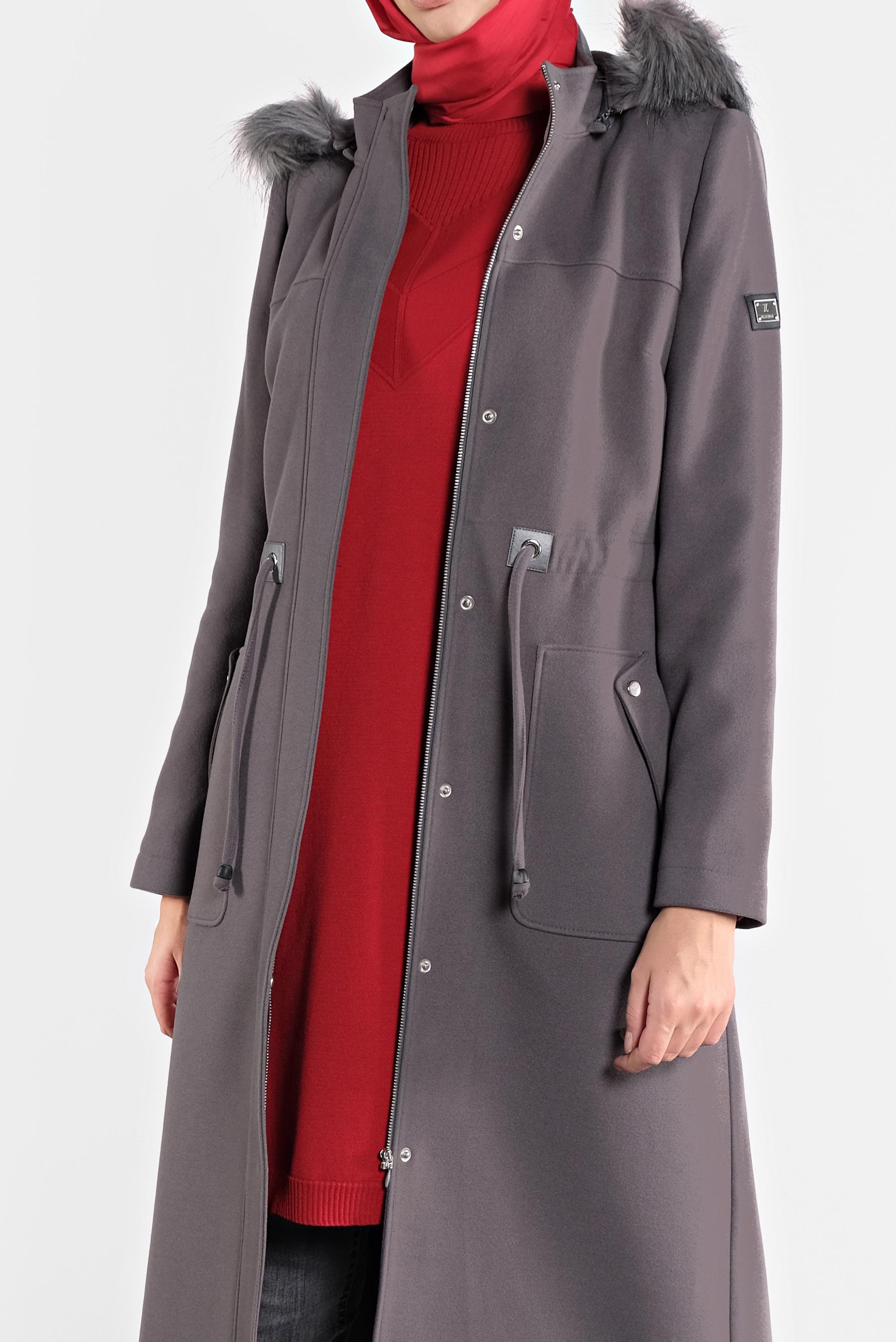 Tesettür giyim GRİ KAPÜŞONLU KABAN 90113 