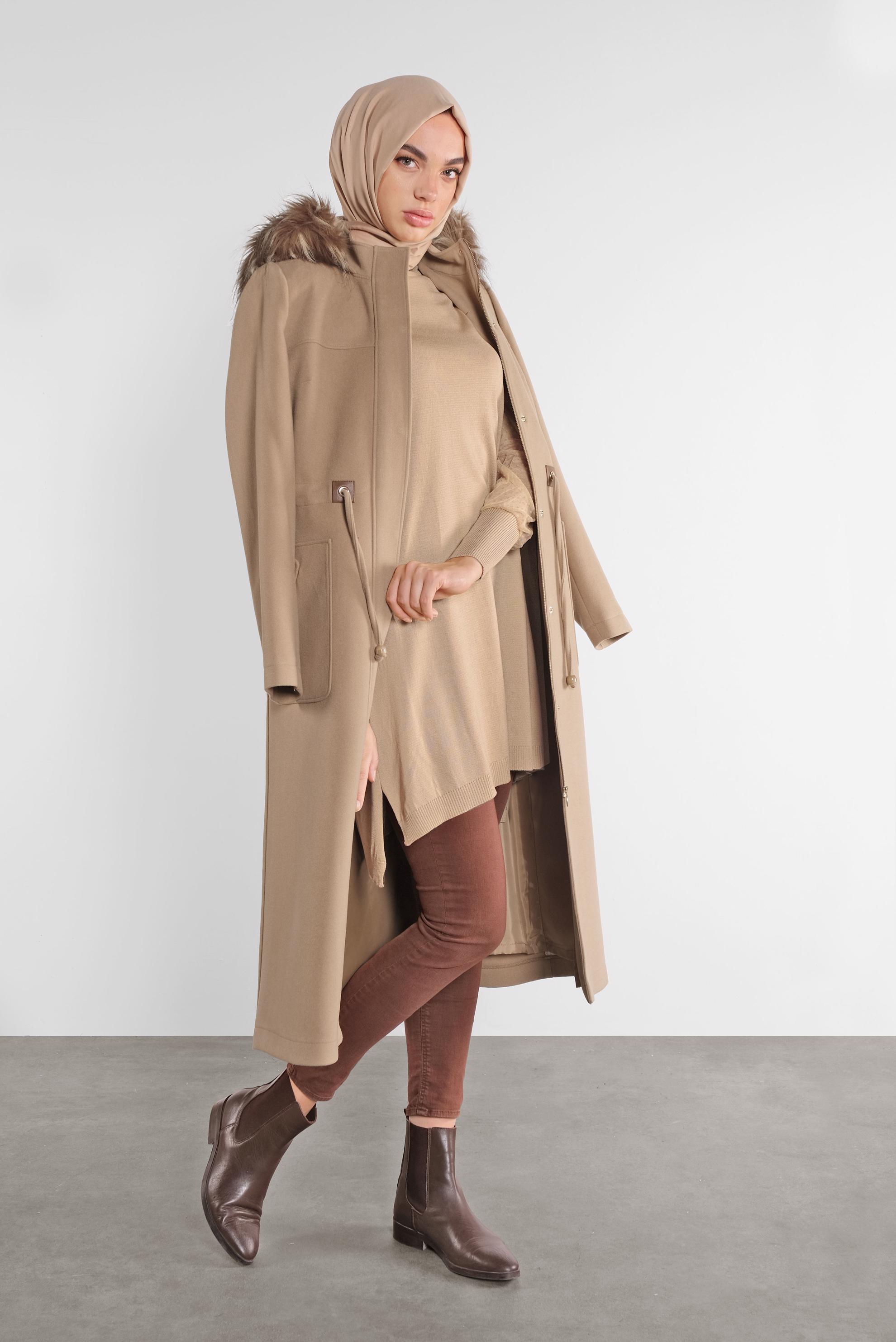 Tesettür giyim KAHVE KAPÜŞONLU KABAN 90113 