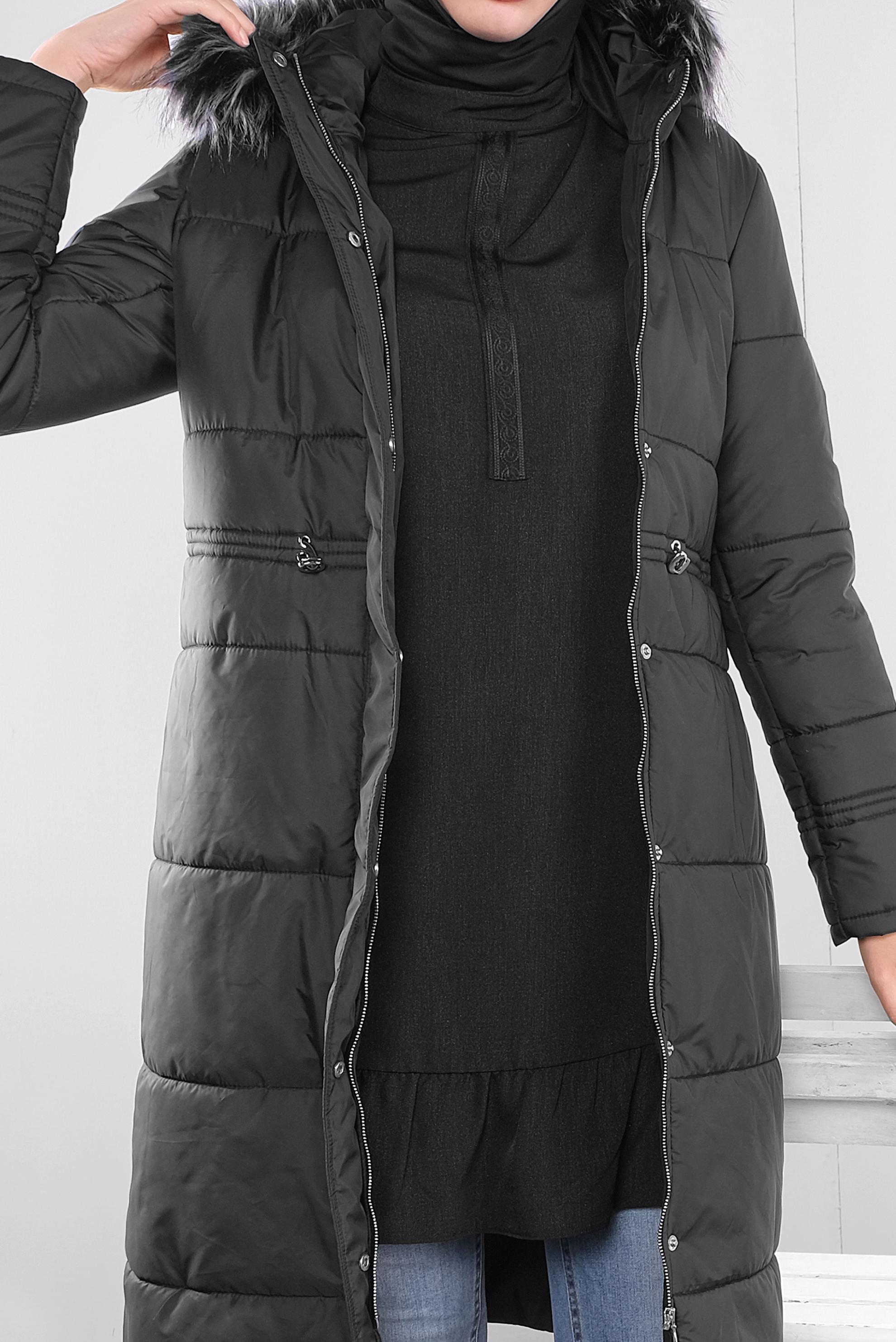 Tesettür giyim SİYAH KAPÜŞONLU ŞİŞME KABAN 90114