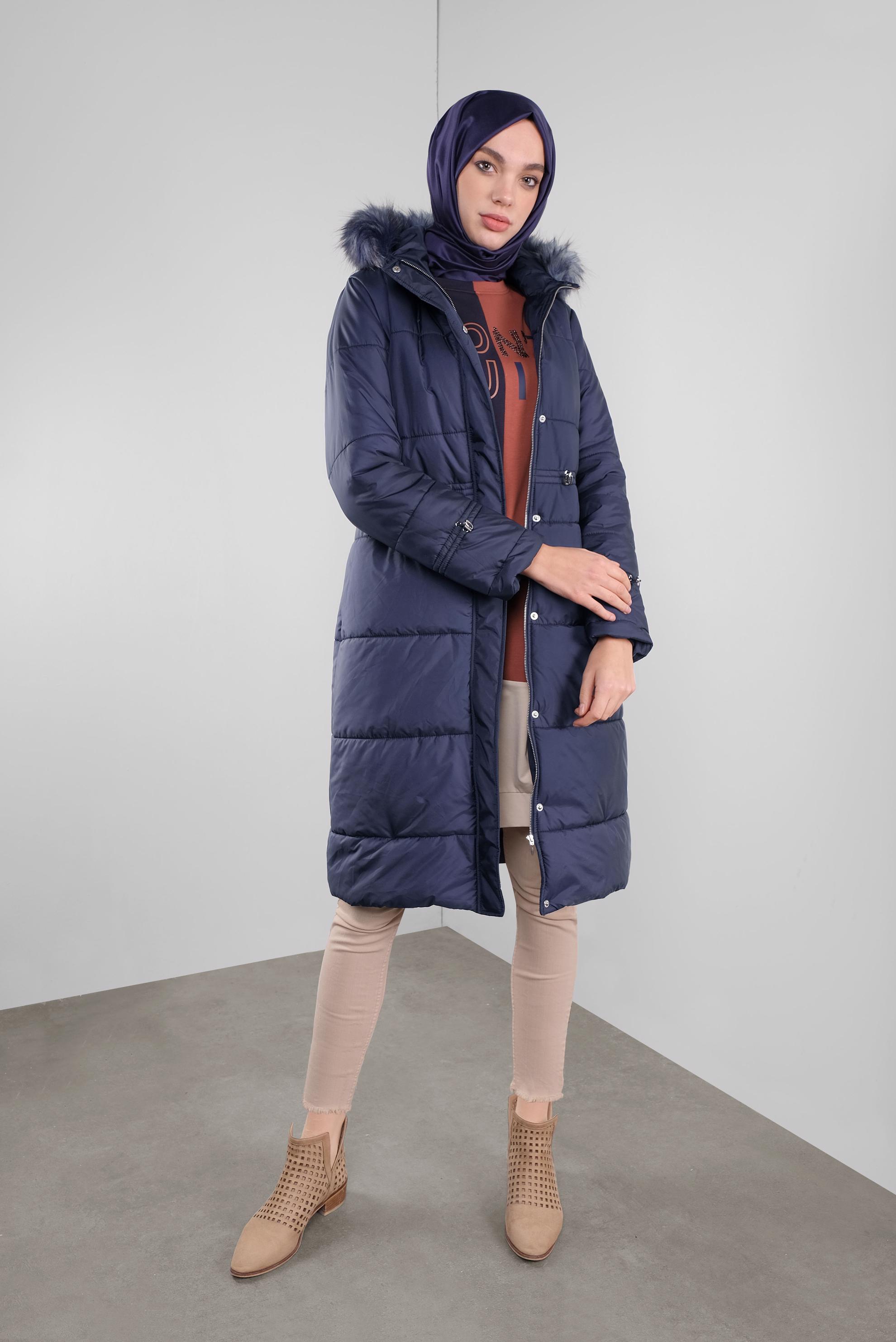 Hijab clothing NAVY BLUE HOODED PUFFER COAT 90114 