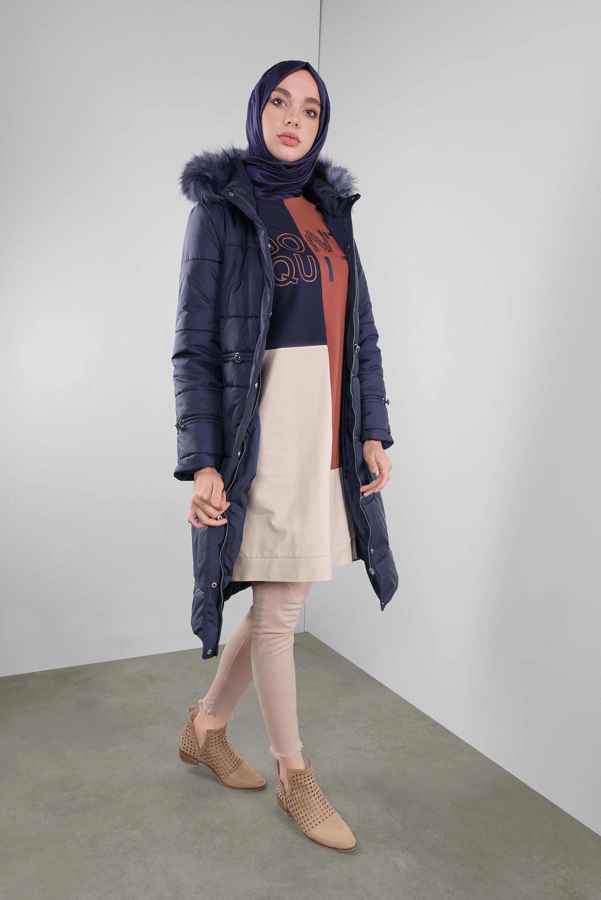 Hijab clothing NAVY BLUE HOODED PUFFER COAT 90114 