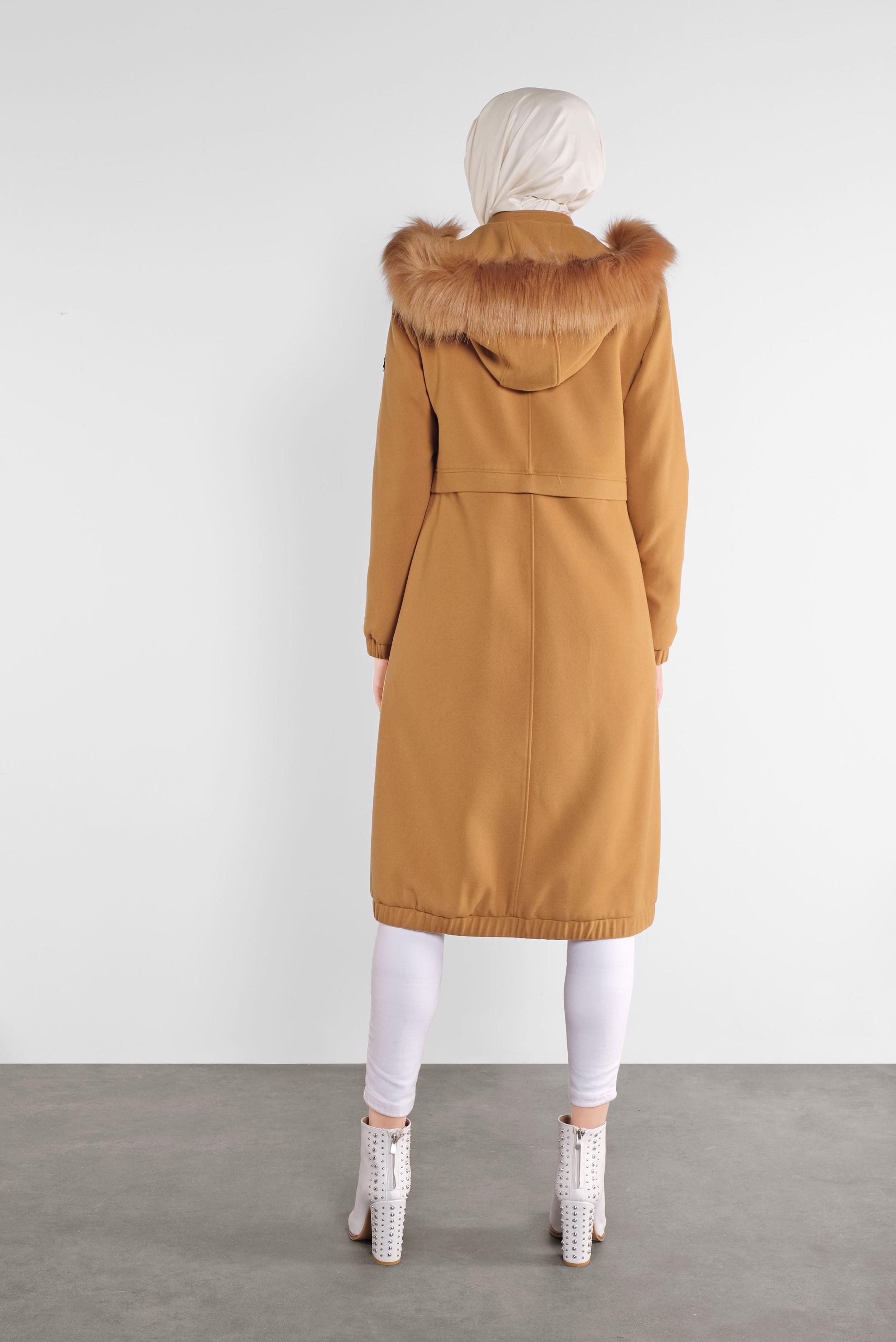 Tesettür giyim SARI KAPÜŞONU KÜRKLÜ KABAN 90115  