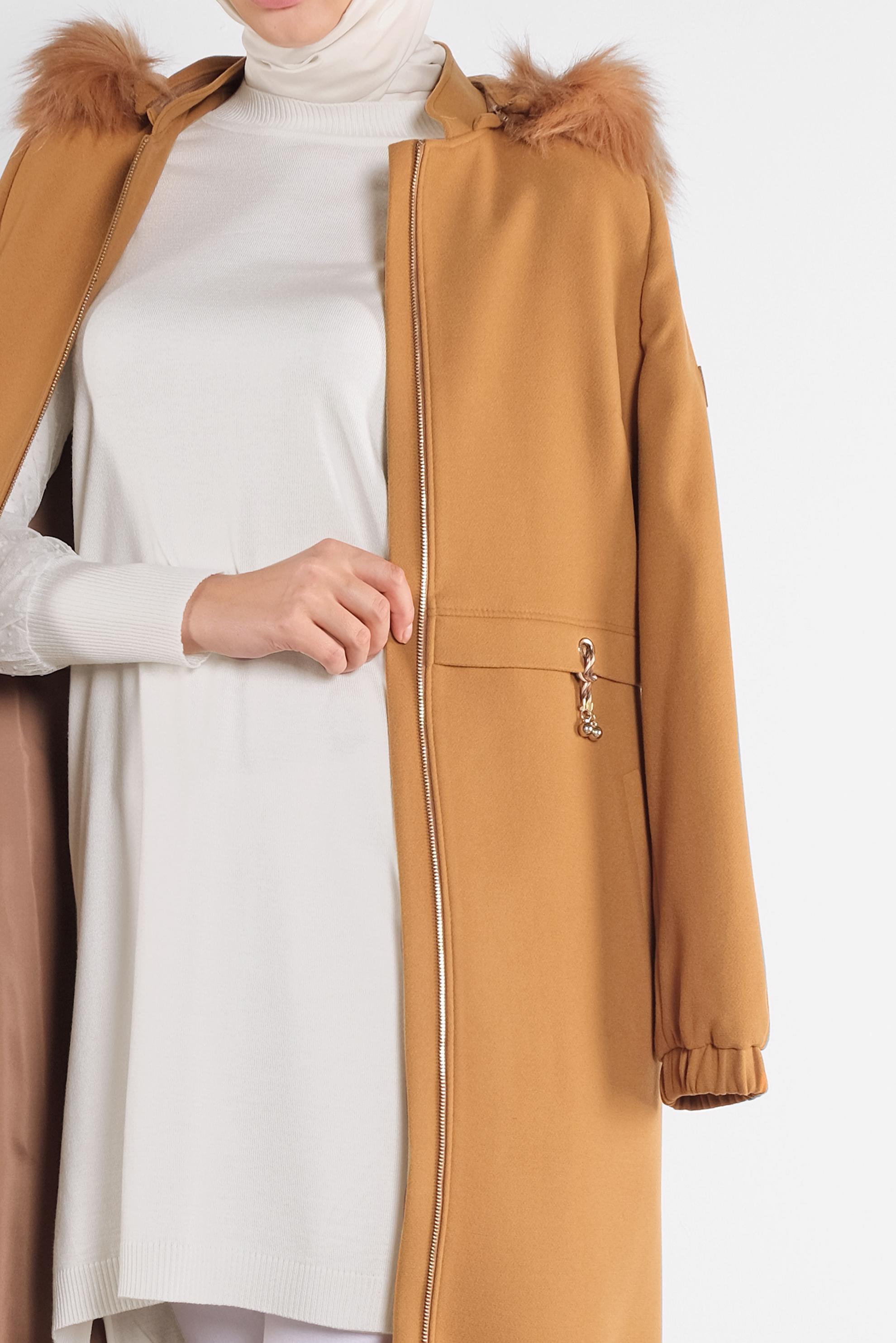 Tesettür giyim SARI KAPÜŞONU KÜRKLÜ KABAN 90115  