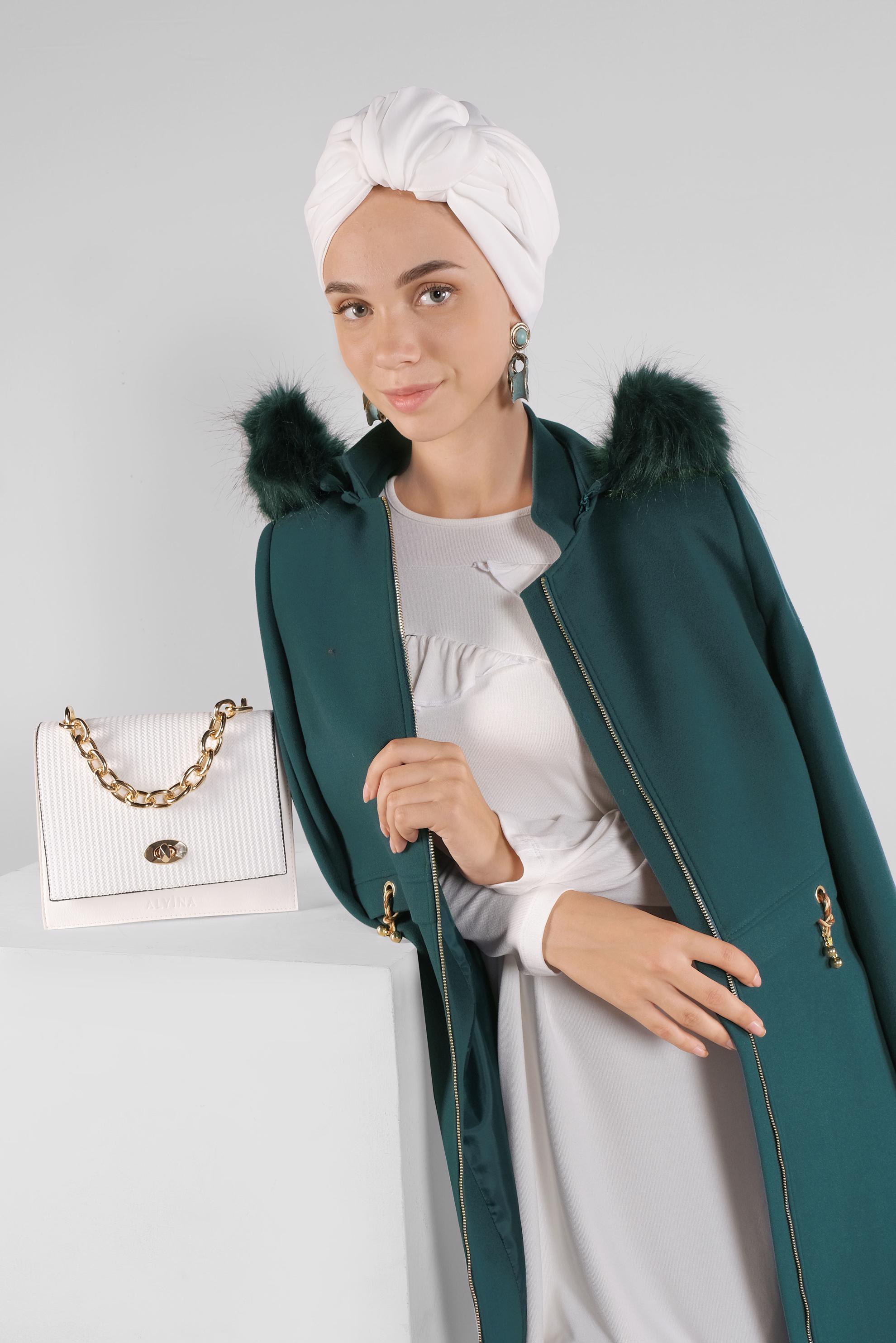 Tesettür giyim MAVİ KAPÜŞONU KÜRKLÜ KABAN 90115  