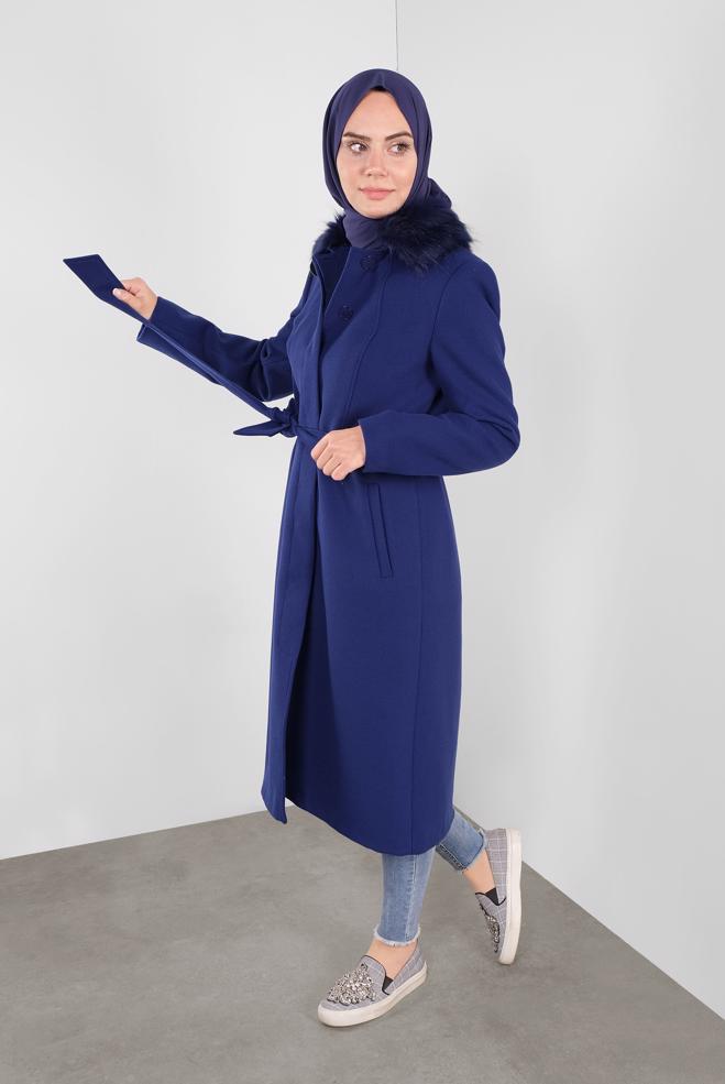 Vêtements hijab  CABAN AVEC BROCHE À COL EN EFFET FOURRURE 90117  - ALVİNA