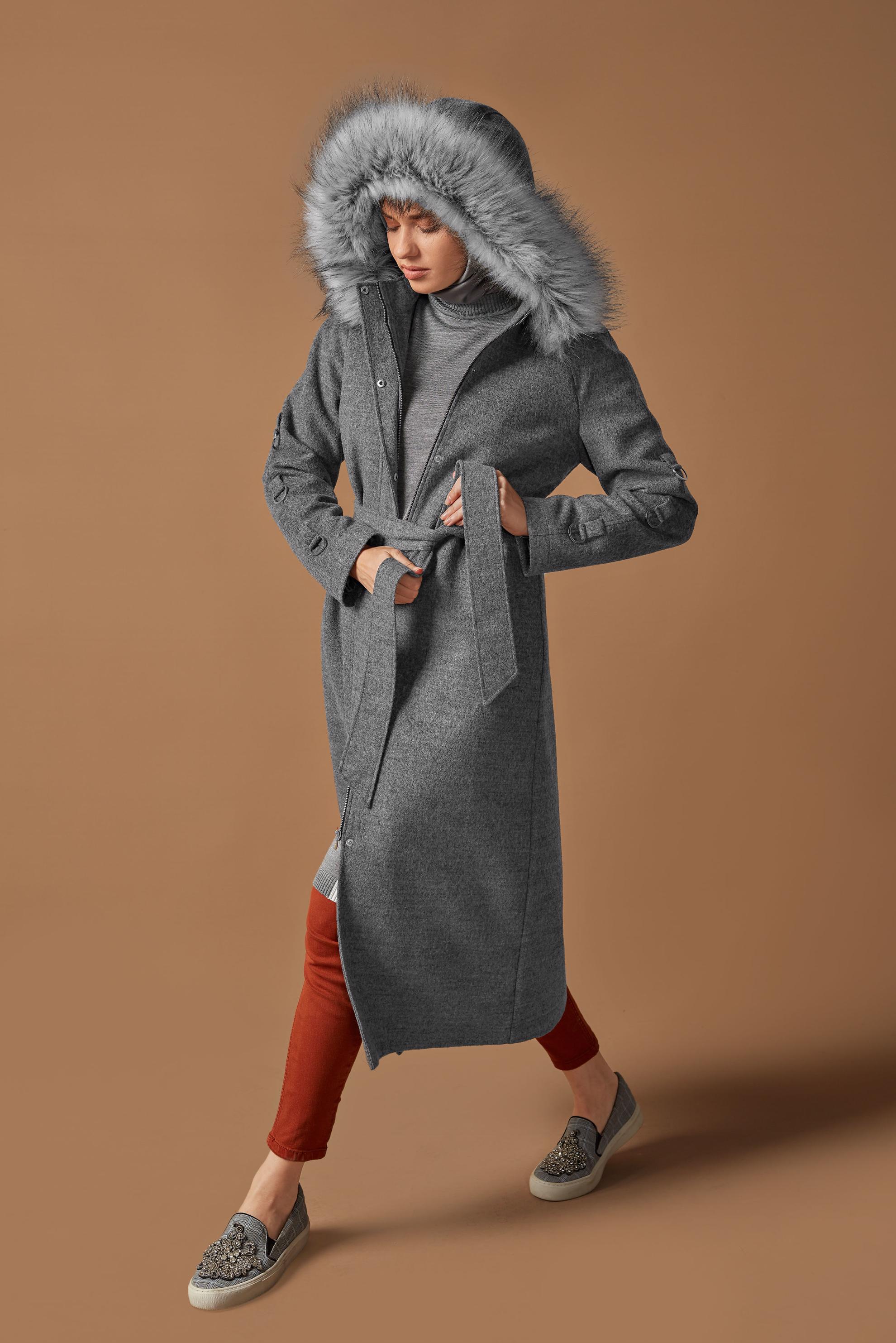 Tesettür giyim GRİ BELİ KUŞAKLI KÜRK DETAYLI  KABAN 90122 