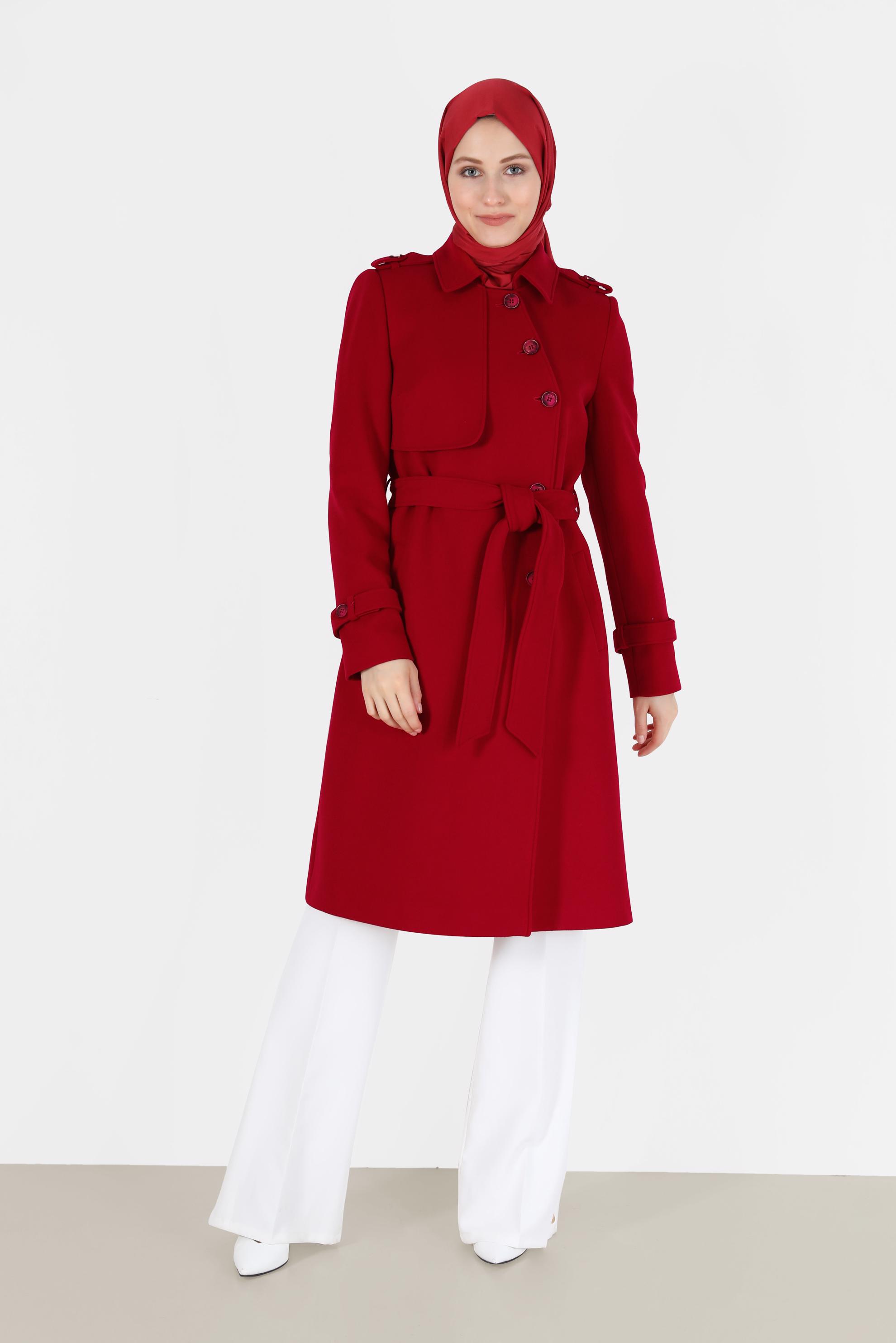 Tesettür giyim KIRMIZI DÜĞMELİ KAŞE KABAN 90125	