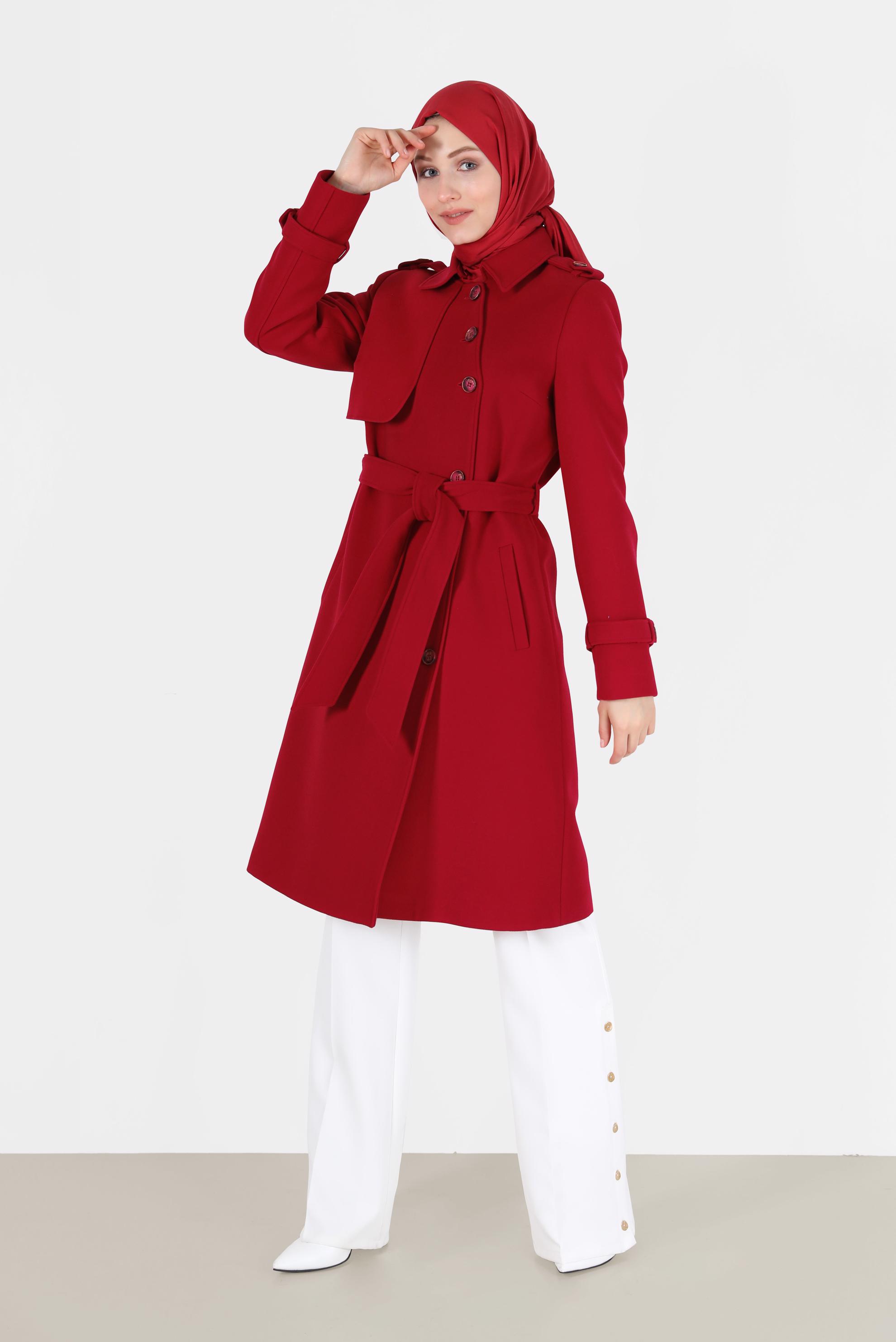 Tesettür giyim KIRMIZI DÜĞMELİ KAŞE KABAN 90125	
