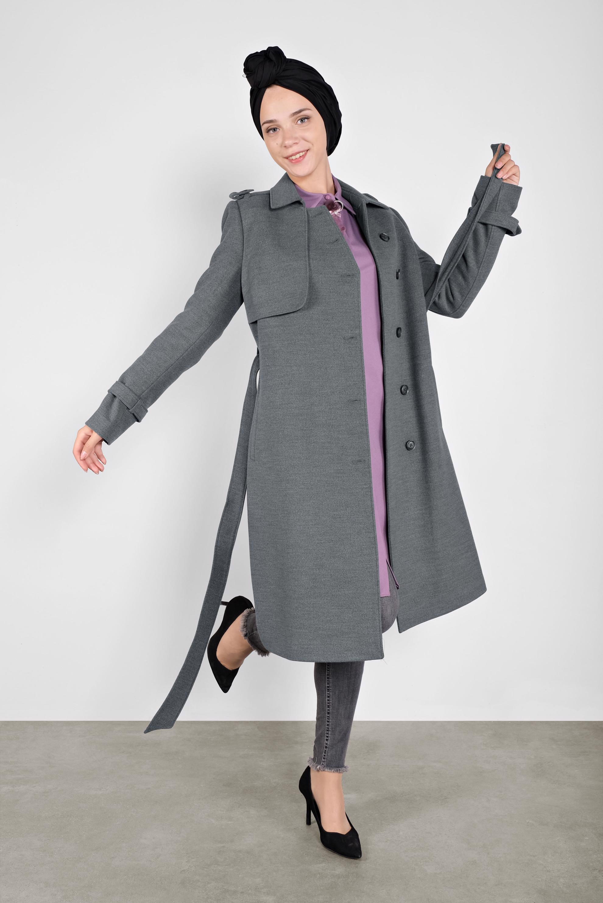 Tesettür giyim GRİ DÜĞMELİ KAŞE KABAN 90125	