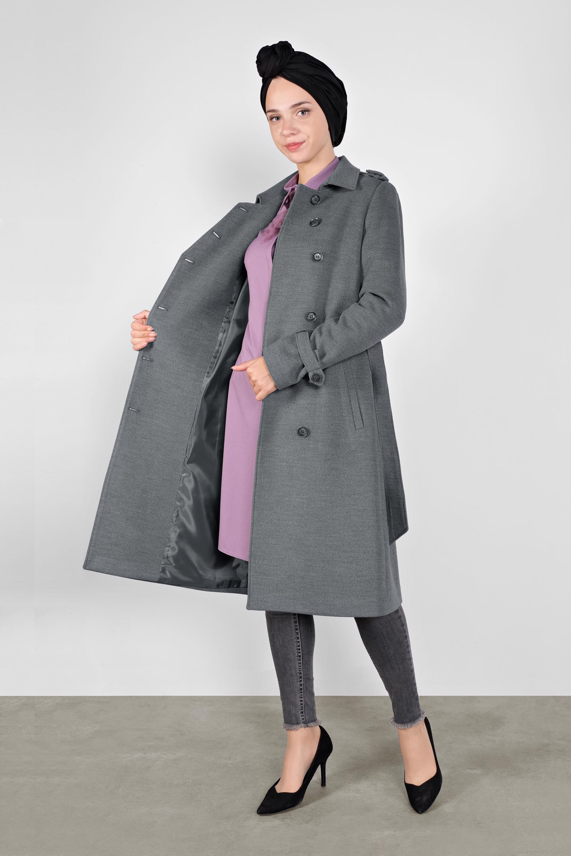 Tesettür giyim GRİ DÜĞMELİ KAŞE KABAN 90125	