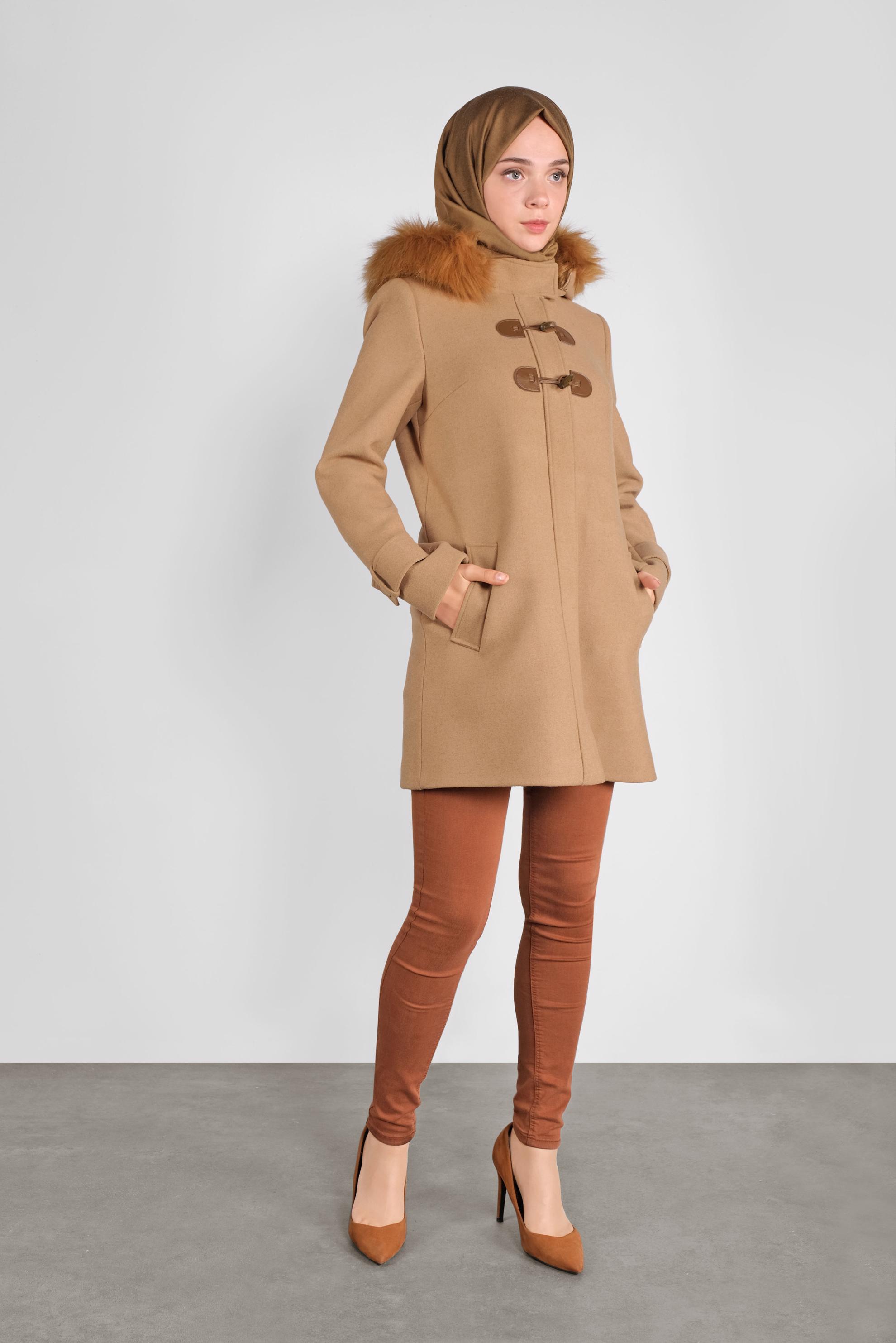 Tesettür giyim KAHVE KÜRKLÜ KAPÜŞONLU KAŞE KABAN 90129