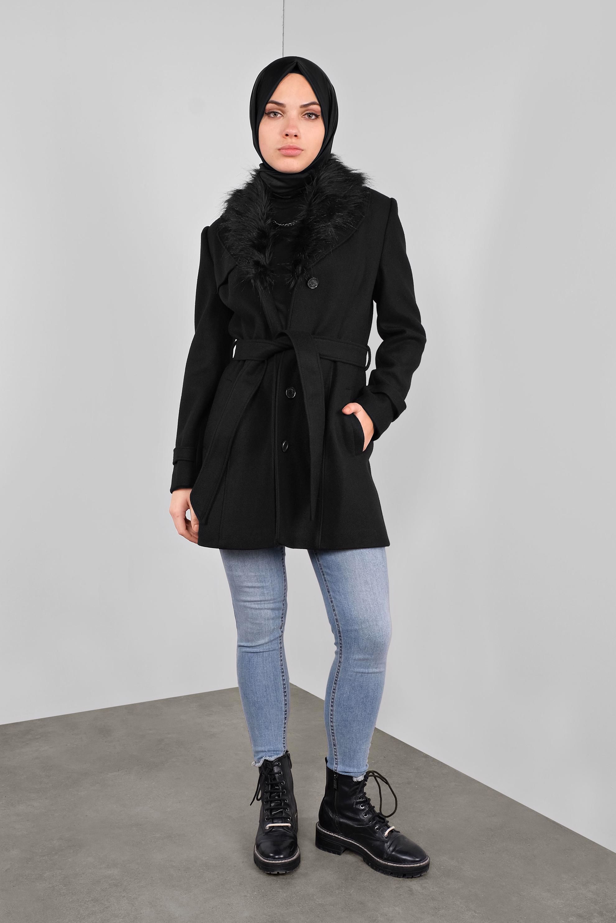 Tesettür giyim SİYAH KÜRKLÜ KAŞE KABAN 90130 