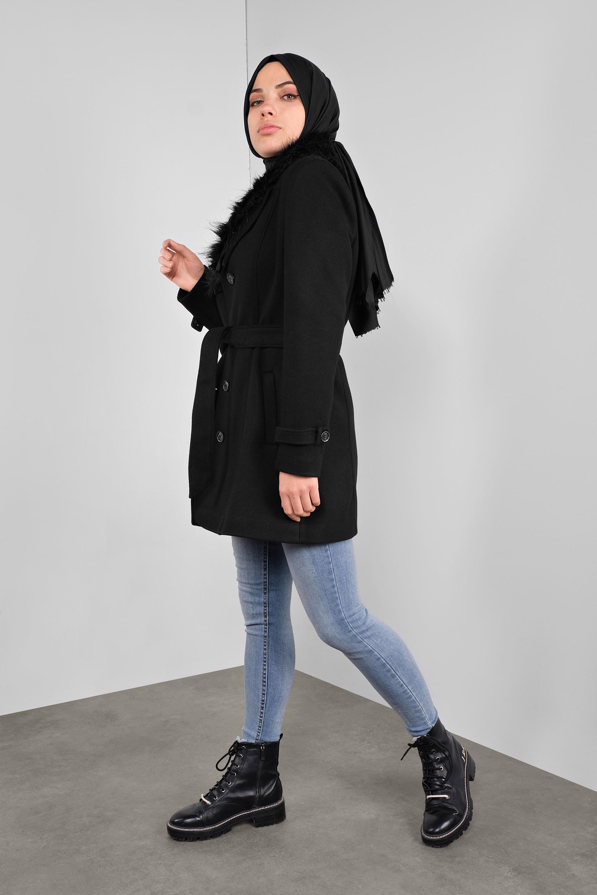 Tesettür giyim SİYAH KÜRKLÜ KAŞE KABAN 90130 