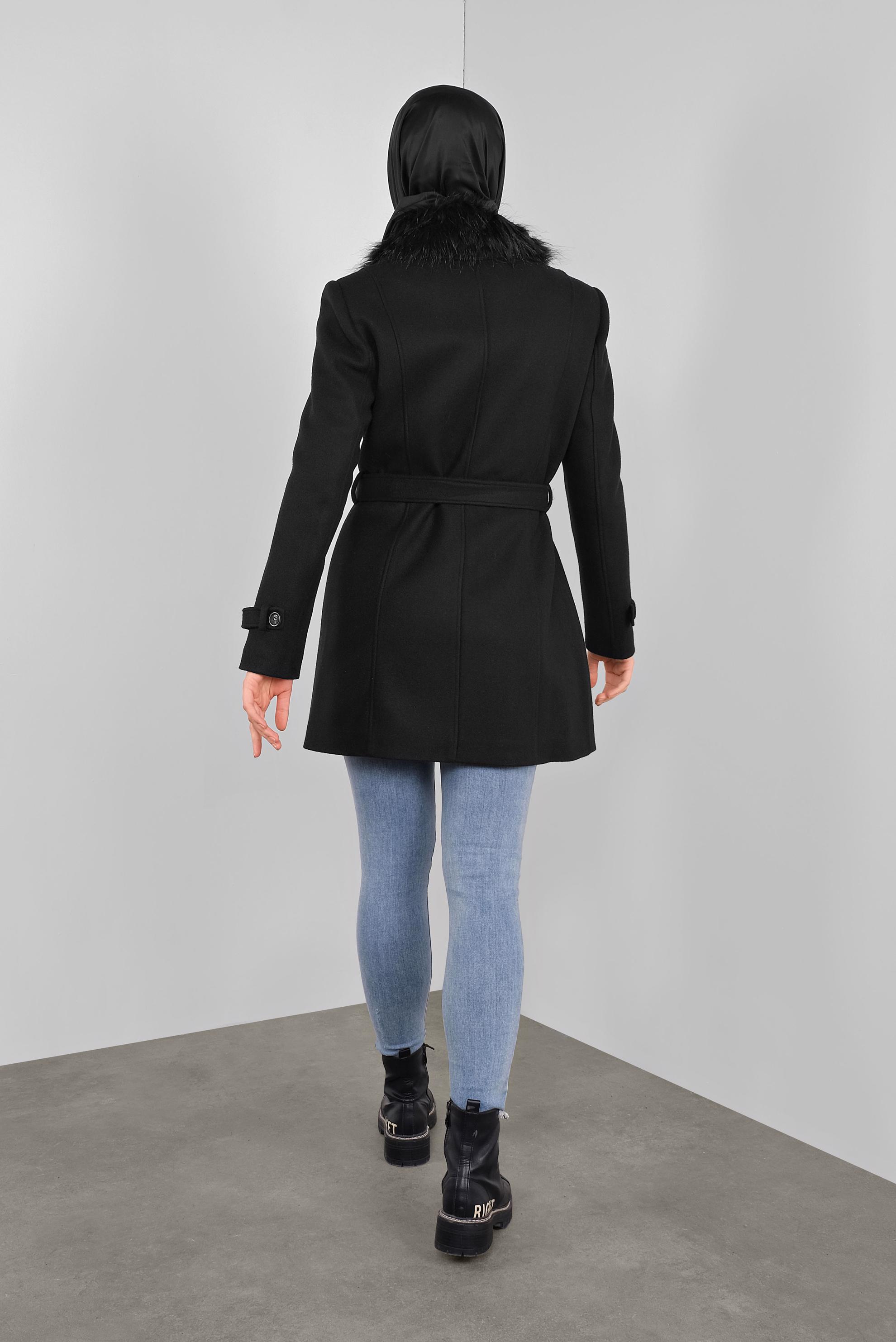 Tesettür giyim SİYAH KÜRKLÜ KAŞE KABAN 90130 