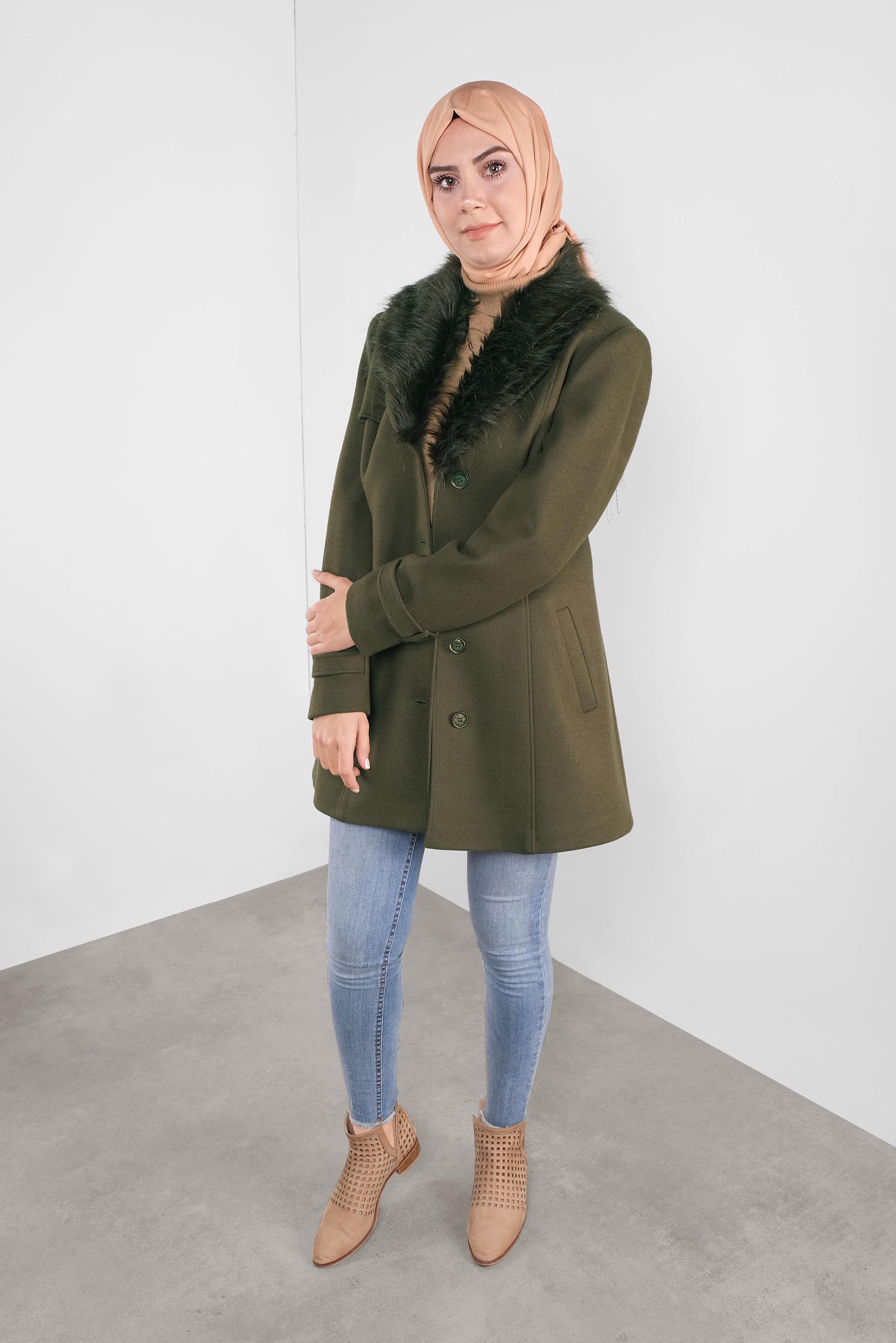 Vêtements hijab KAKI CABAN EN LAINE À COL EN EFFET FOURRURE 90130 