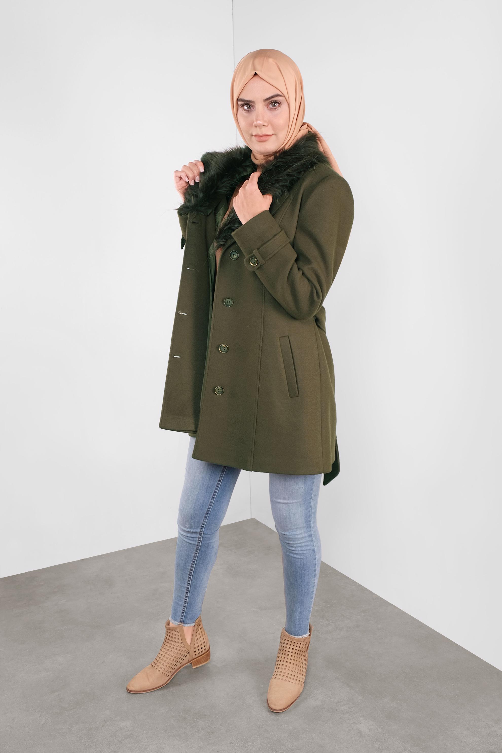 Vêtements hijab KAKI CABAN EN LAINE À COL EN EFFET FOURRURE 90130 