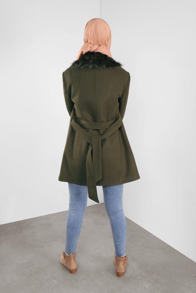 Tesettür giyim HAKİ KÜRKLÜ KAŞE KABAN 90130  - ALVİNA