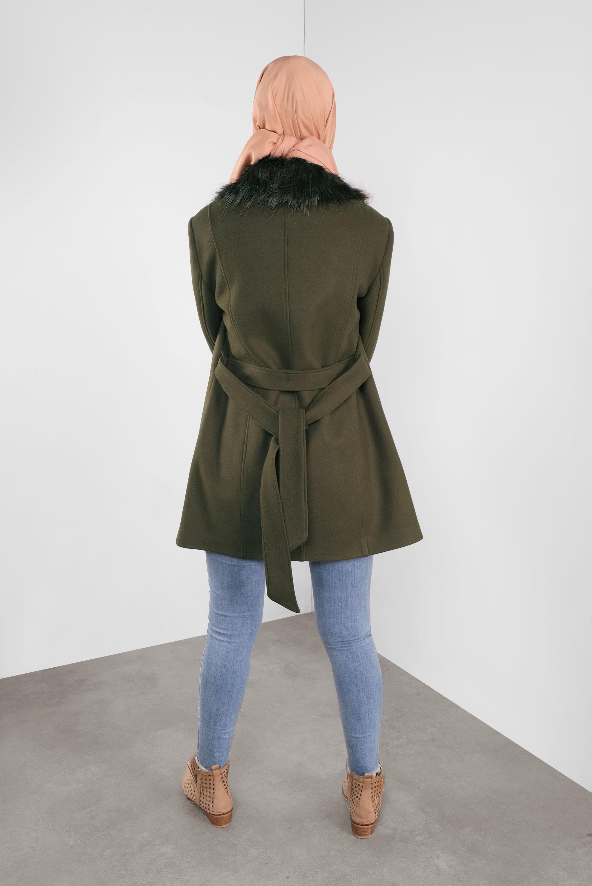 Vêtements hijab KAKI CABAN EN LAINE À COL EN EFFET FOURRURE 90130 