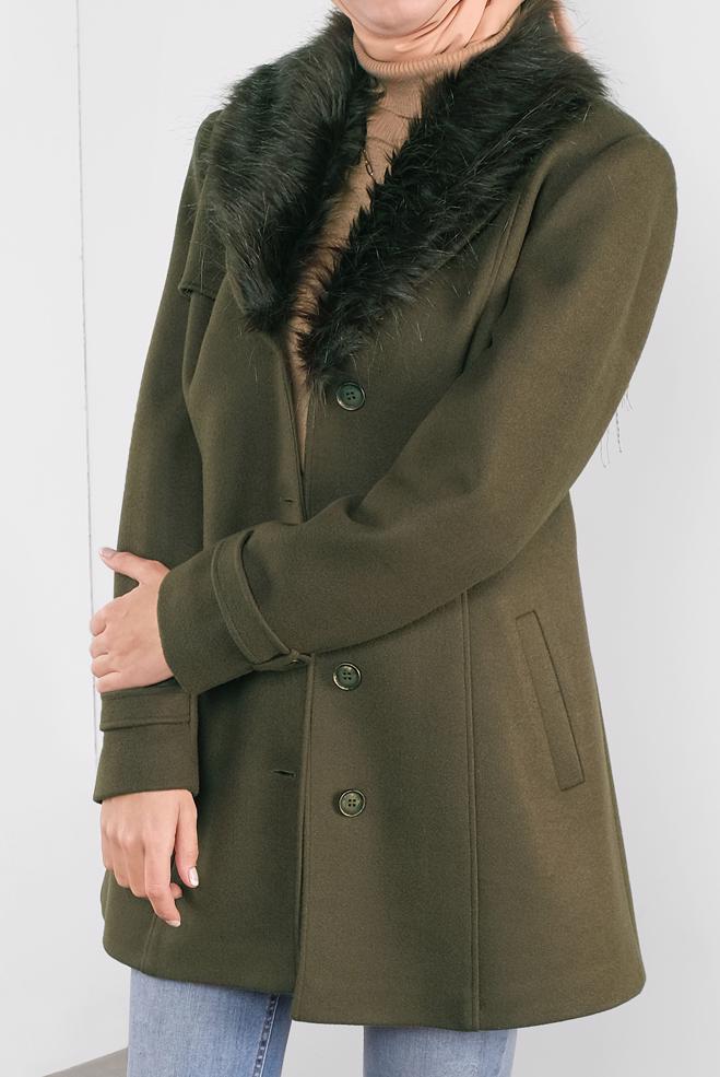 Tesettür giyim HAKİ KÜRKLÜ KAŞE KABAN 90130  - ALVİNA