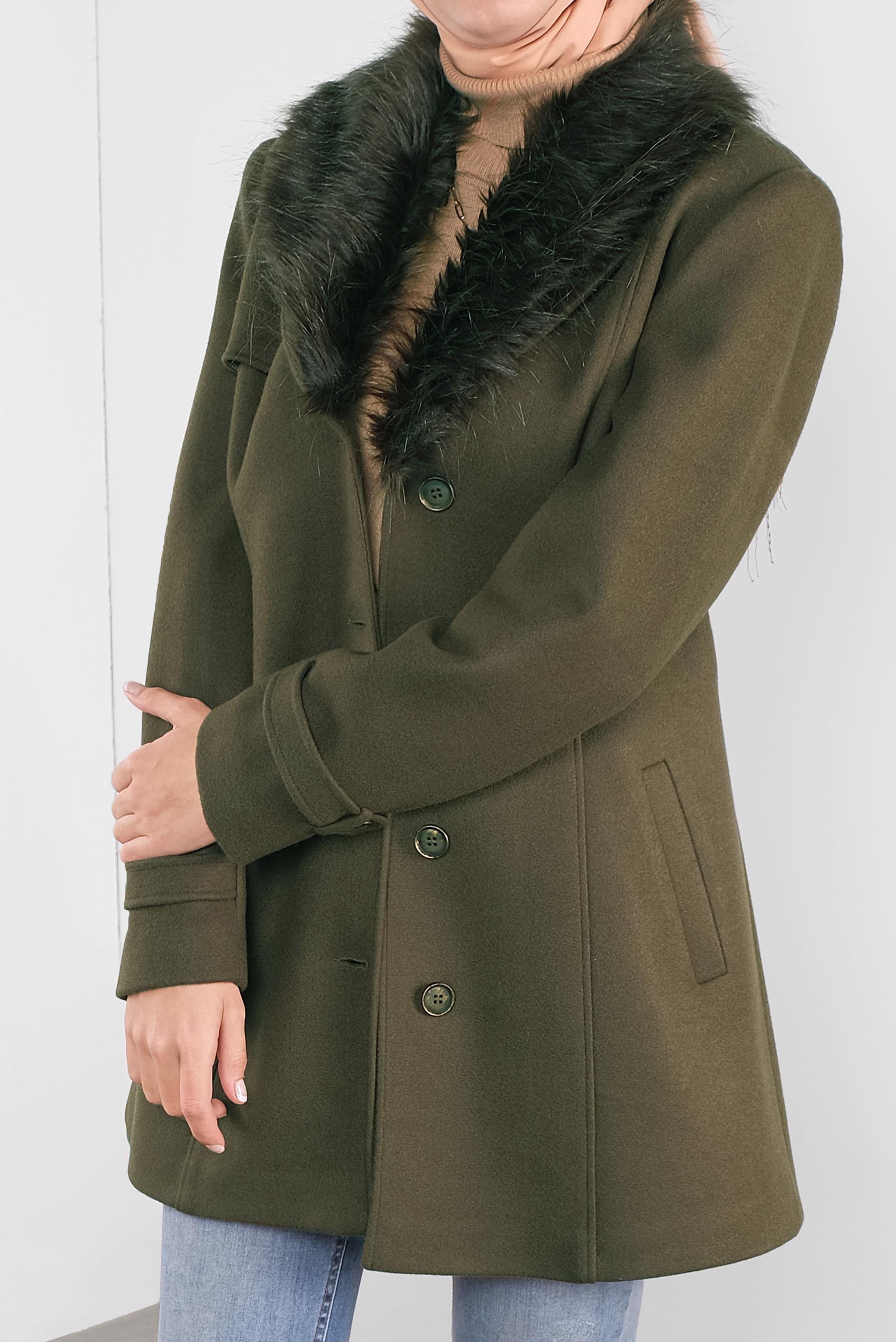 Vêtements hijab KAKI CABAN EN LAINE À COL EN EFFET FOURRURE 90130 