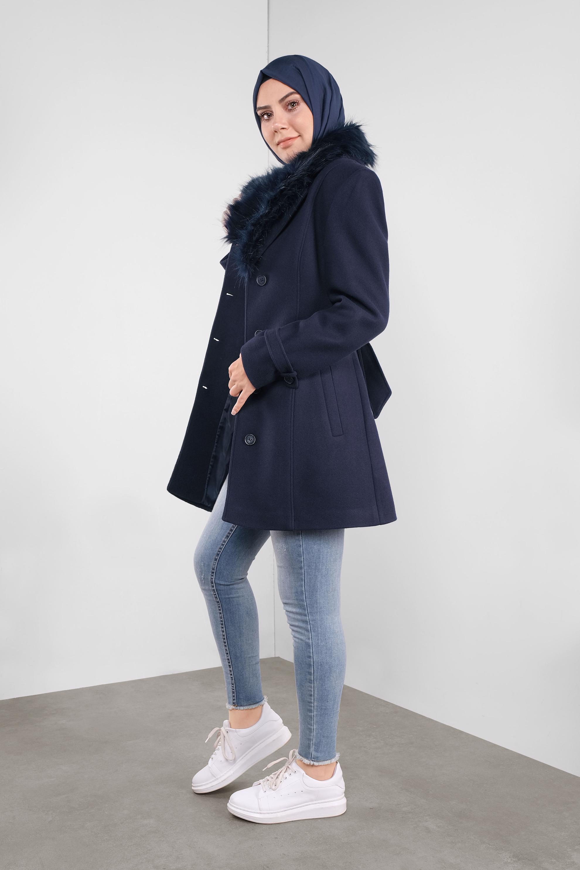 Vêtements hijab BLEU MARINE CABAN EN LAINE À COL EN EFFET FOURRURE 90130 