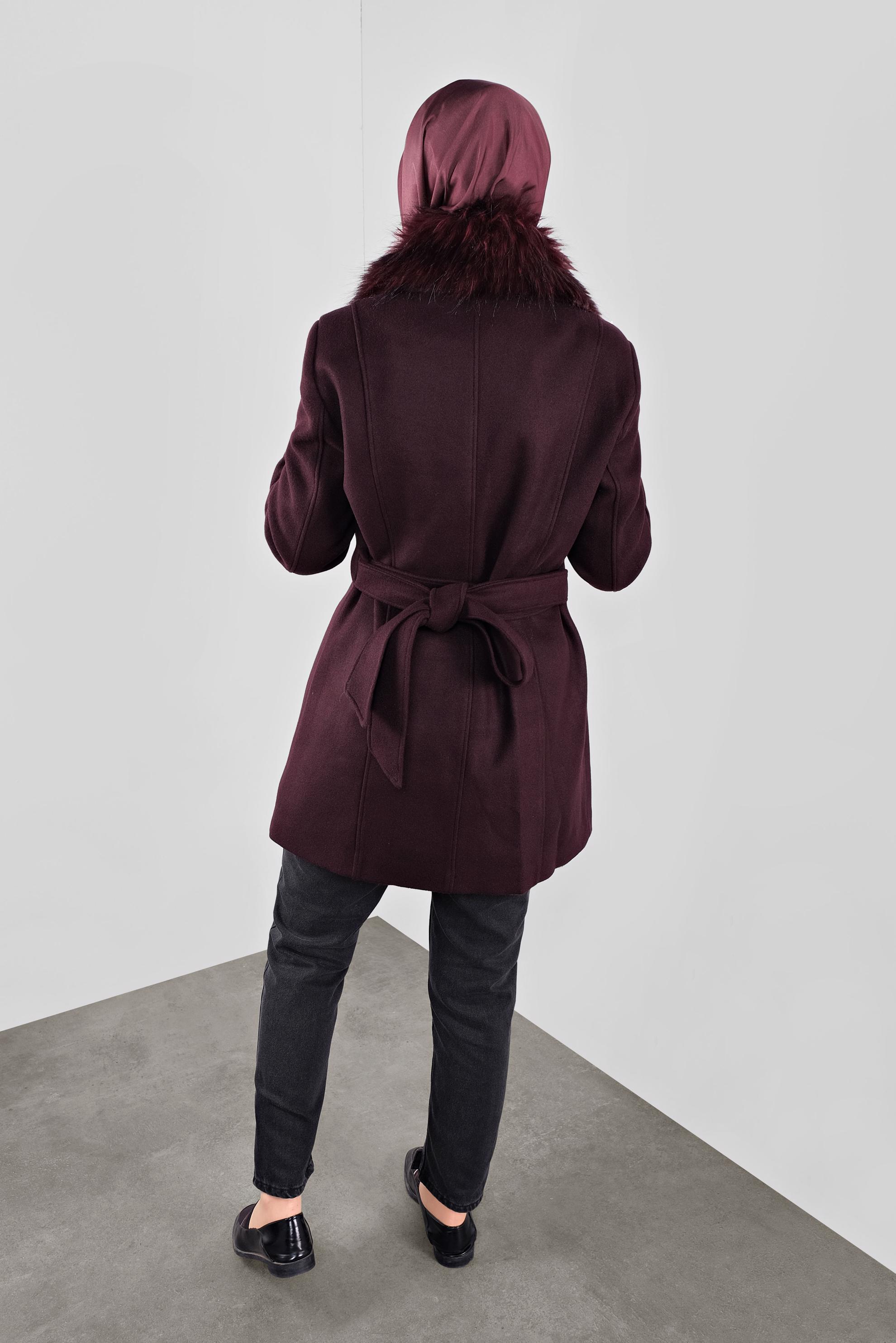 Vêtements hijab PRUNE CABAN EN LAINE À COL EN EFFET FOURRURE 90130 