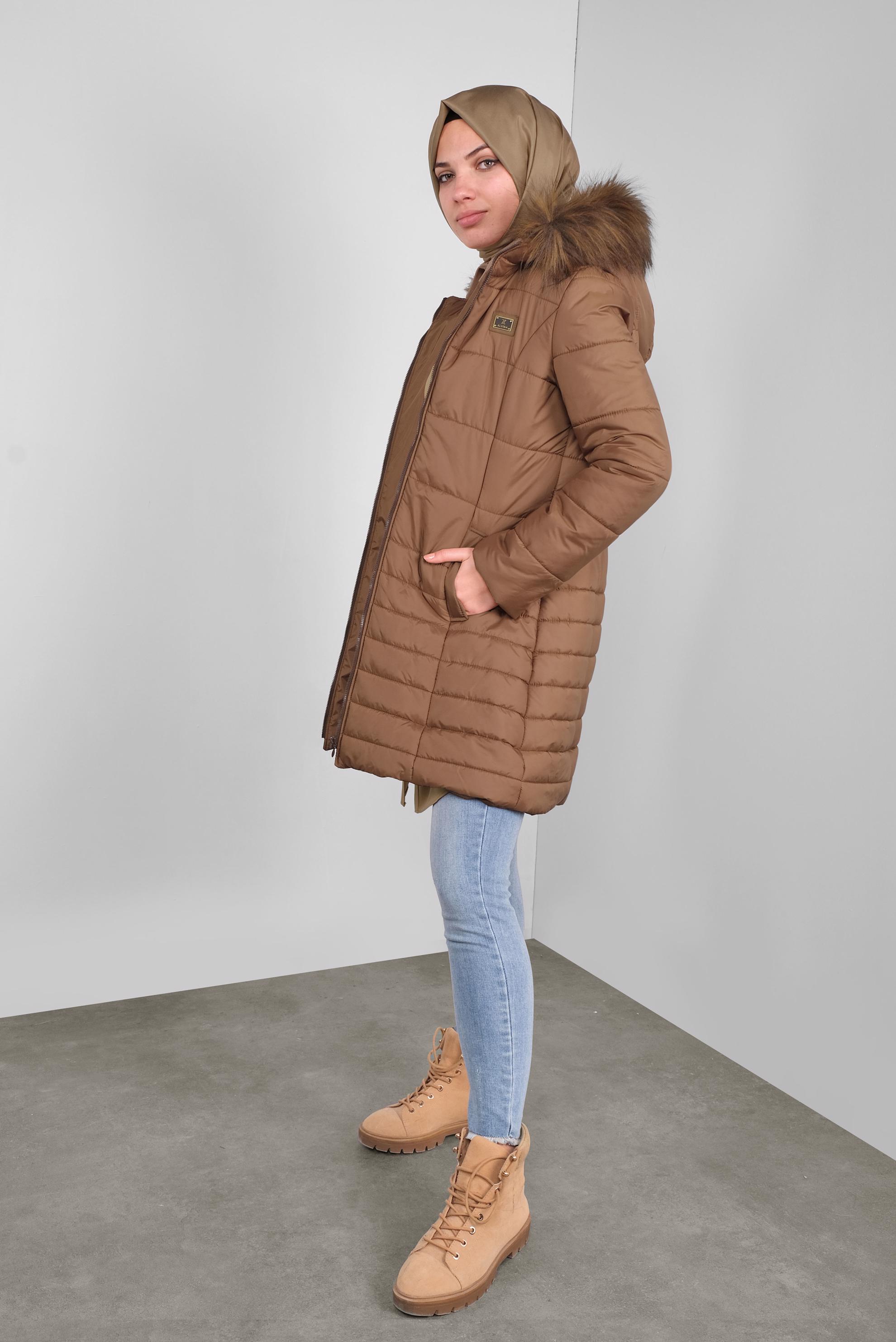 Tesettür giyim TURUNCU KAPÜŞONU KÜRKLÜ ŞİŞME KABAN 90132 