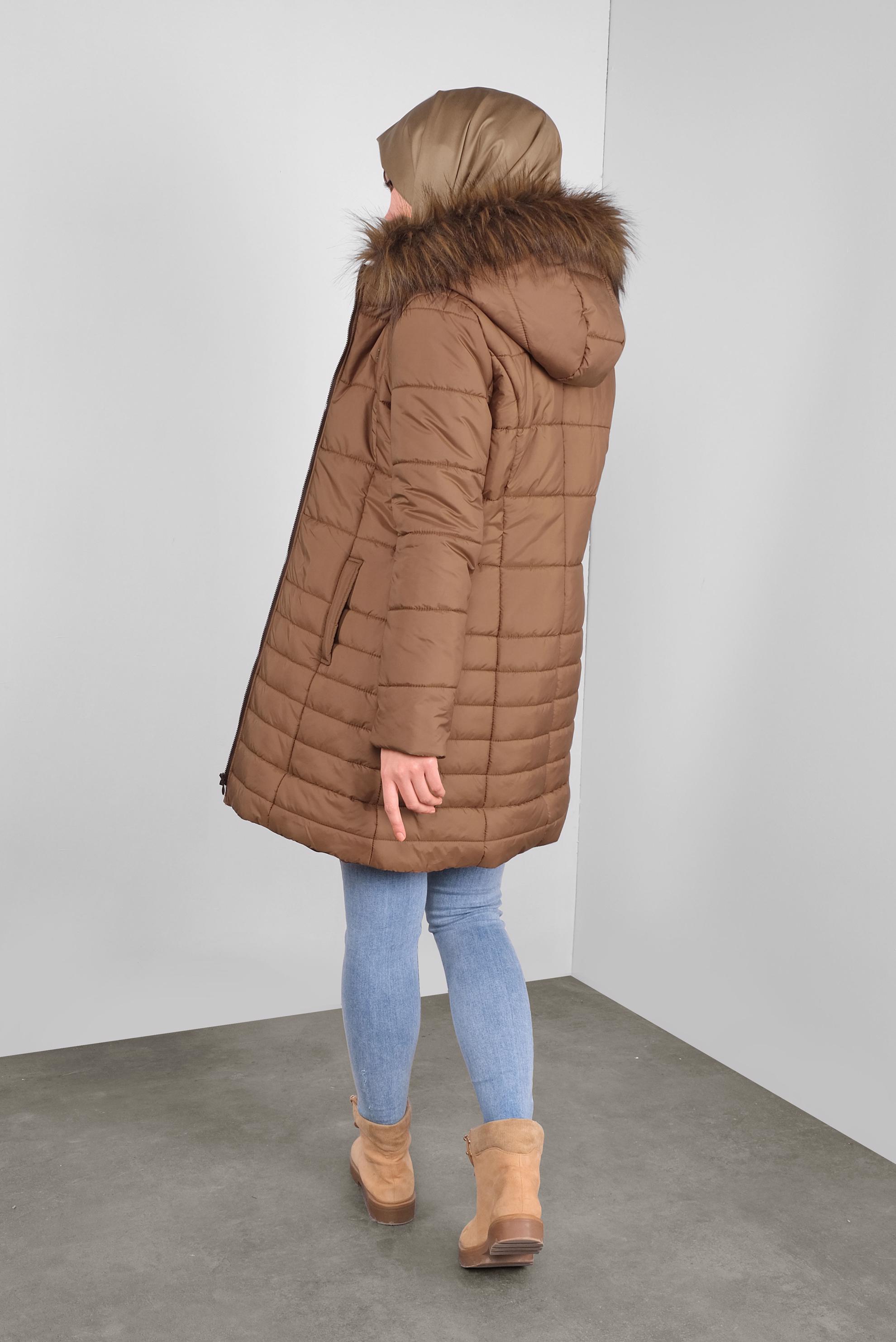 Tesettür giyim TURUNCU KAPÜŞONU KÜRKLÜ ŞİŞME KABAN 90132 