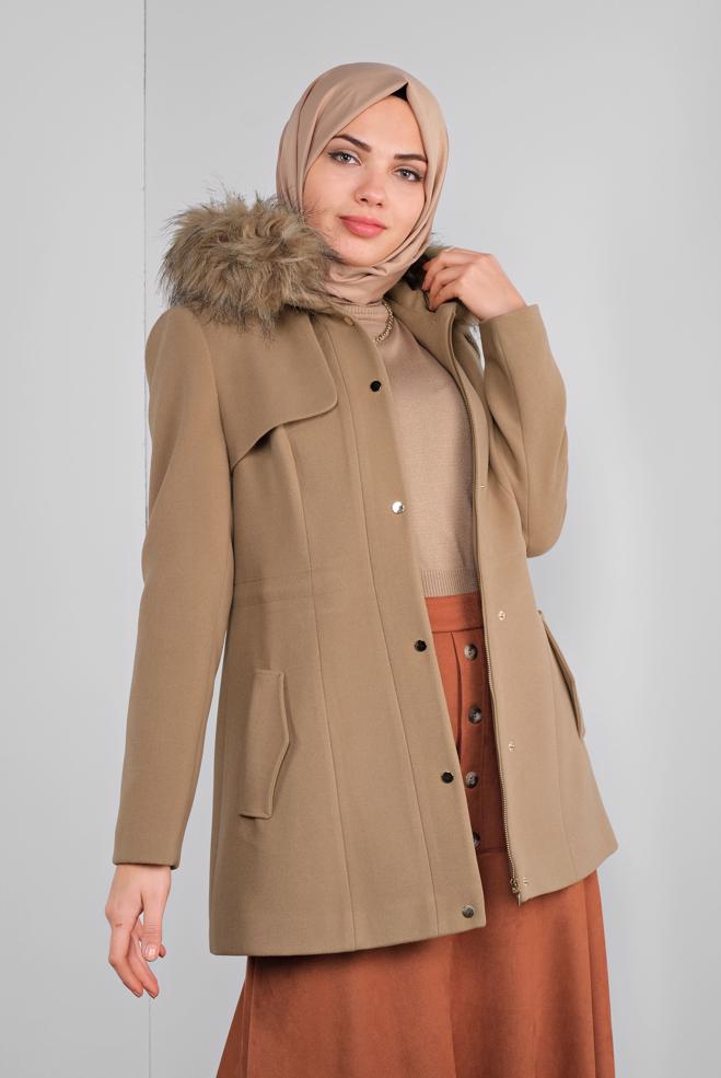 Tesettür giyim  KÜRKLÜ KAPÜŞONLU KABAN 90135  - ALVİNA