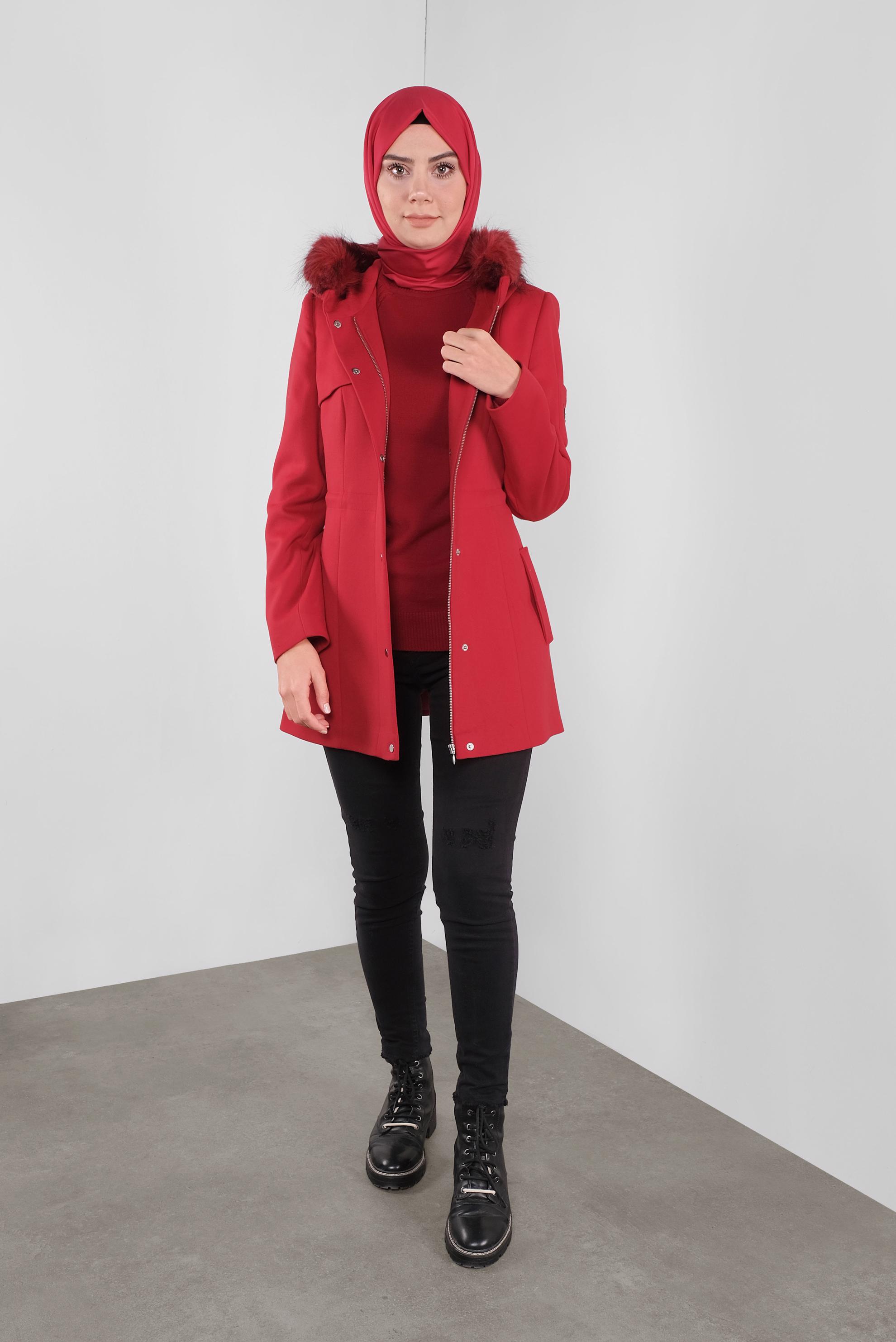 Hijab clothing RED FAUX-FUR-TRIM HOODED COAT 90135 