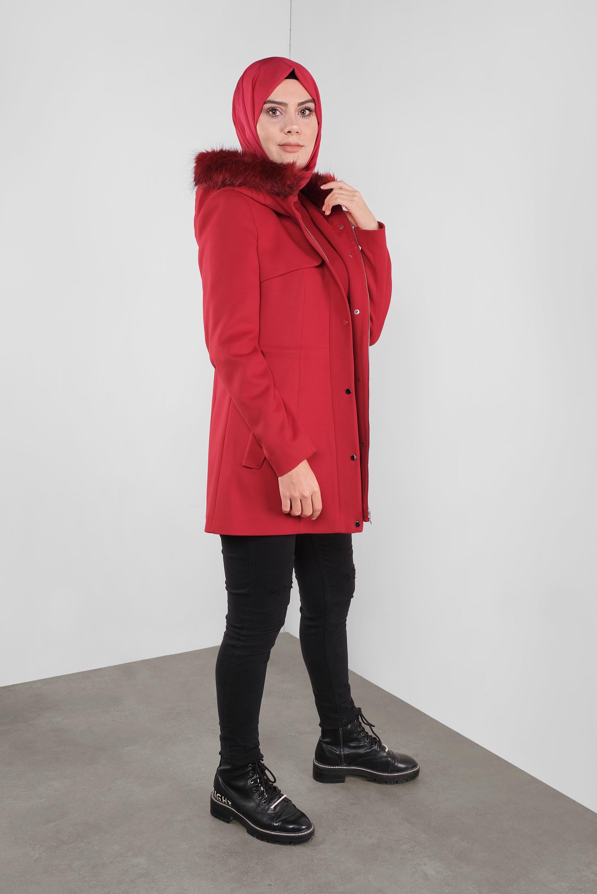 Hijab clothing RED FAUX-FUR-TRIM HOODED COAT 90135 