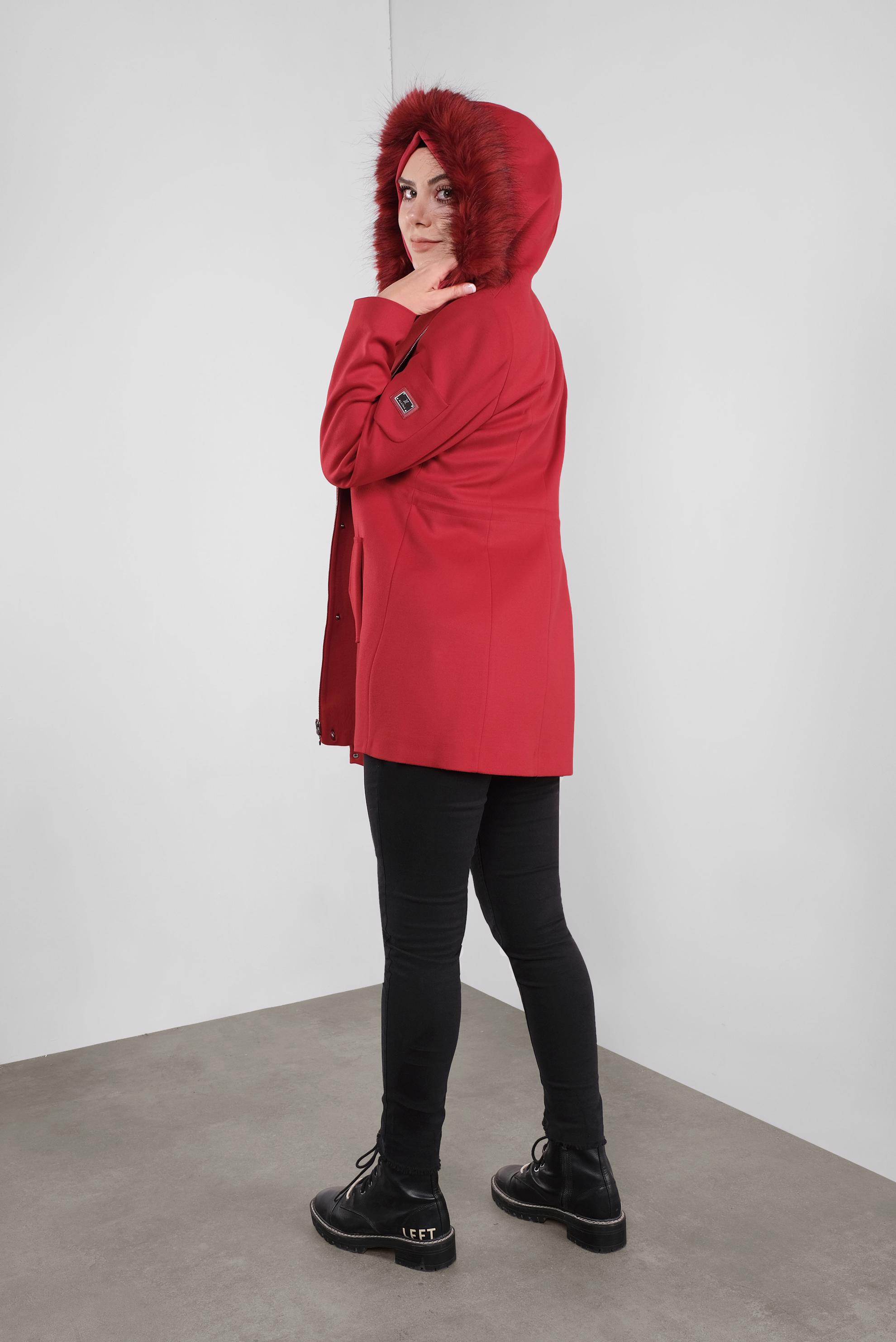 Hijab clothing RED FAUX-FUR-TRIM HOODED COAT 90135 