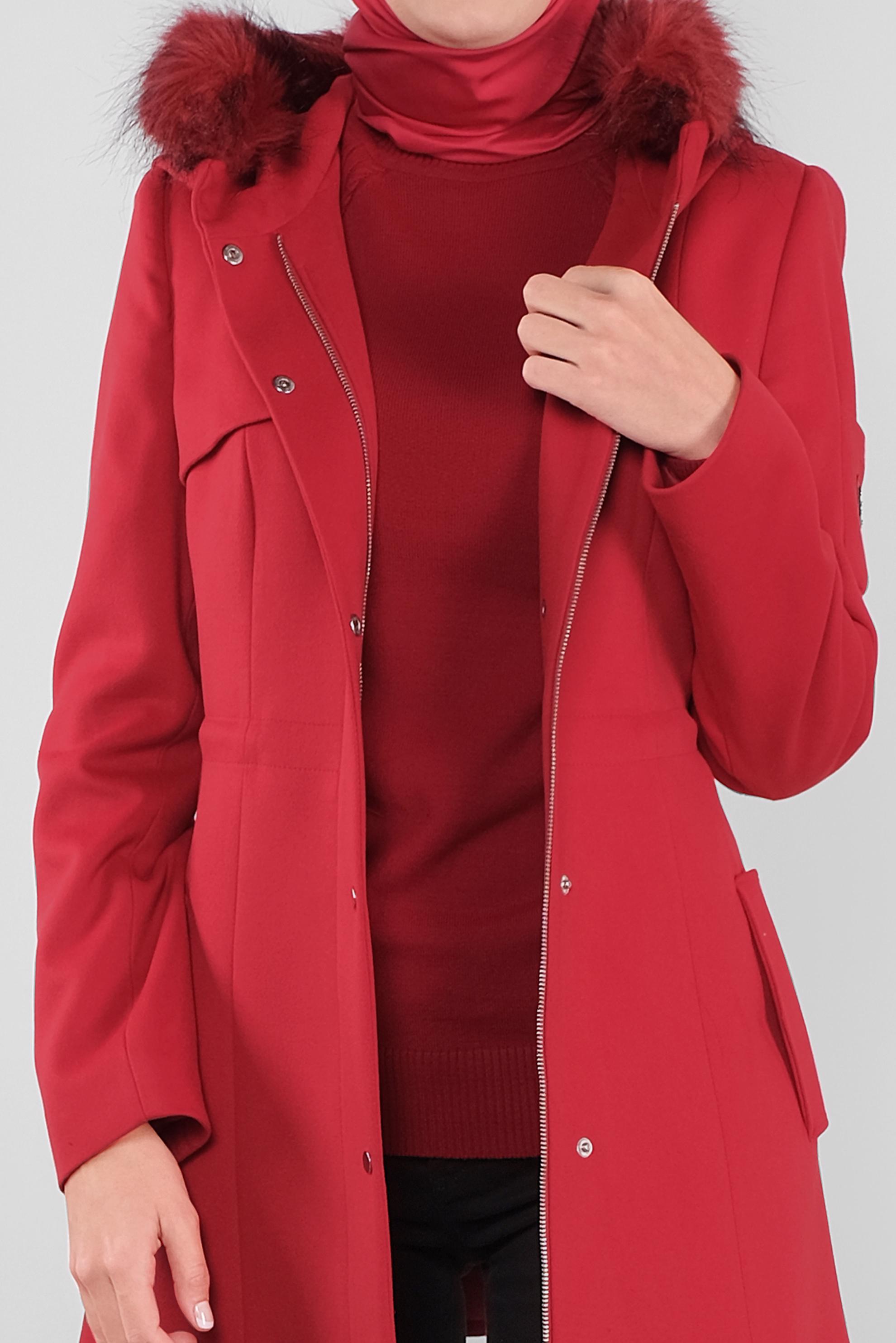 Hijab clothing RED FAUX-FUR-TRIM HOODED COAT 90135 